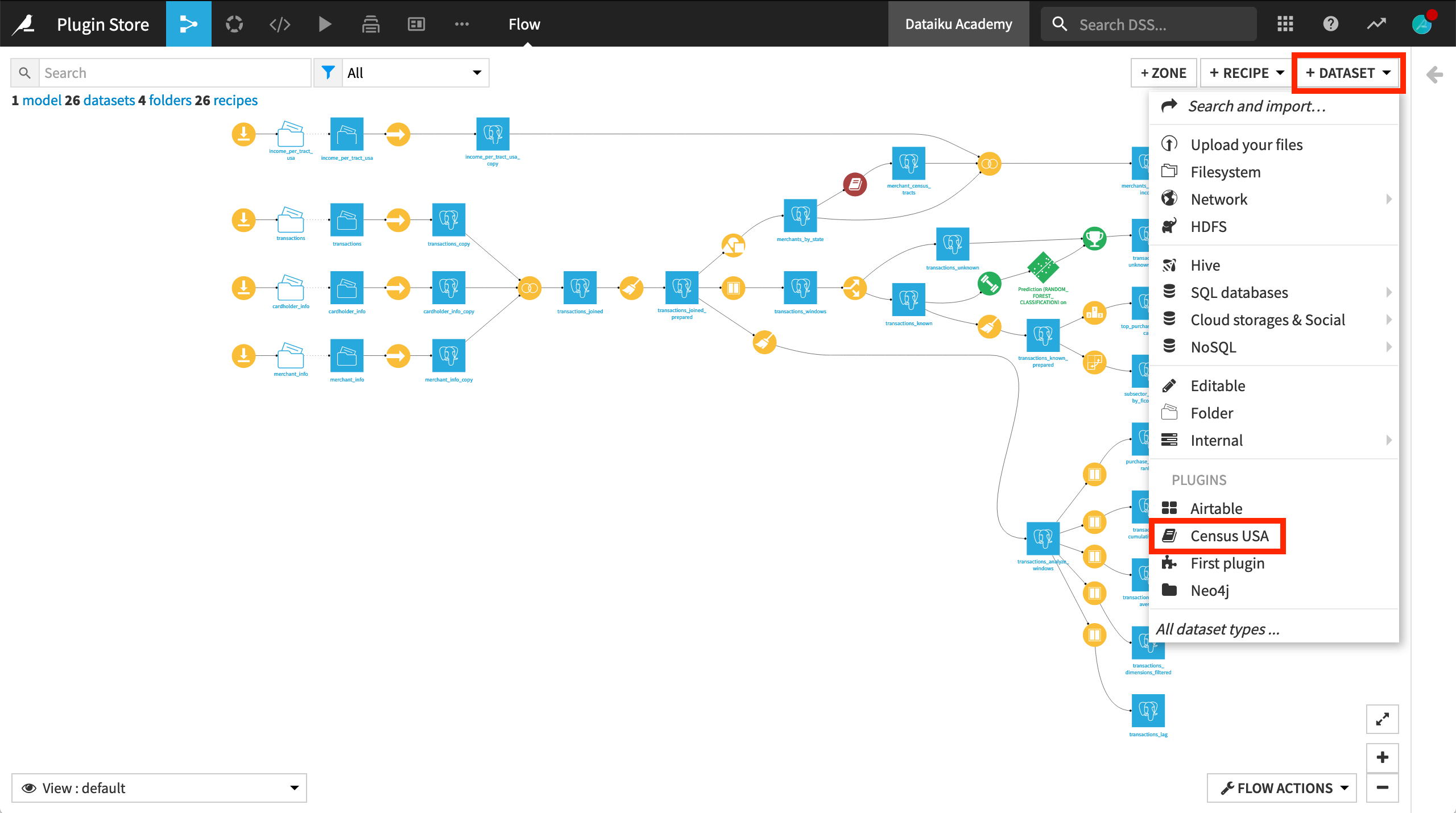 A Dataiku screenshot of creating a new dataset through a plugin connector by clicking the + New Dataset button from the Flow.