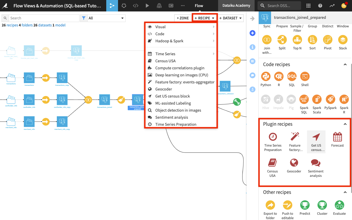 A Dataiku Flow showing how plugin recipes can be found either in the right panel or from the +Recipe dropdown.