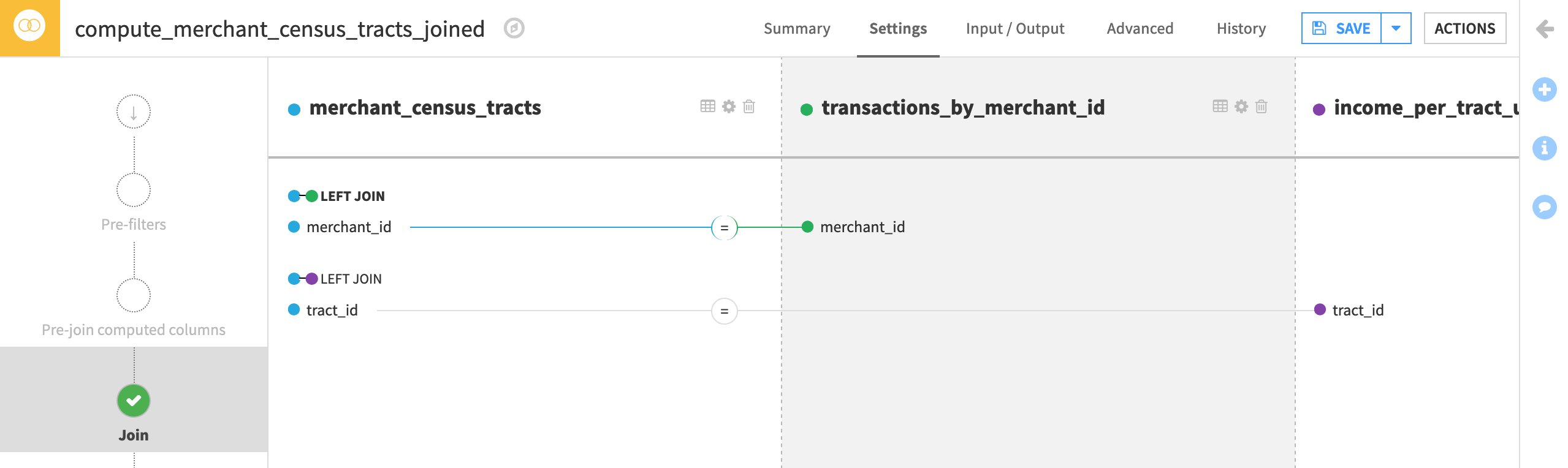 A Dataiku screenshot of the Join recipe settings left joining transactions_by_merchant_id and income_per_tract_usa_copy to merchant_census_tracts.
