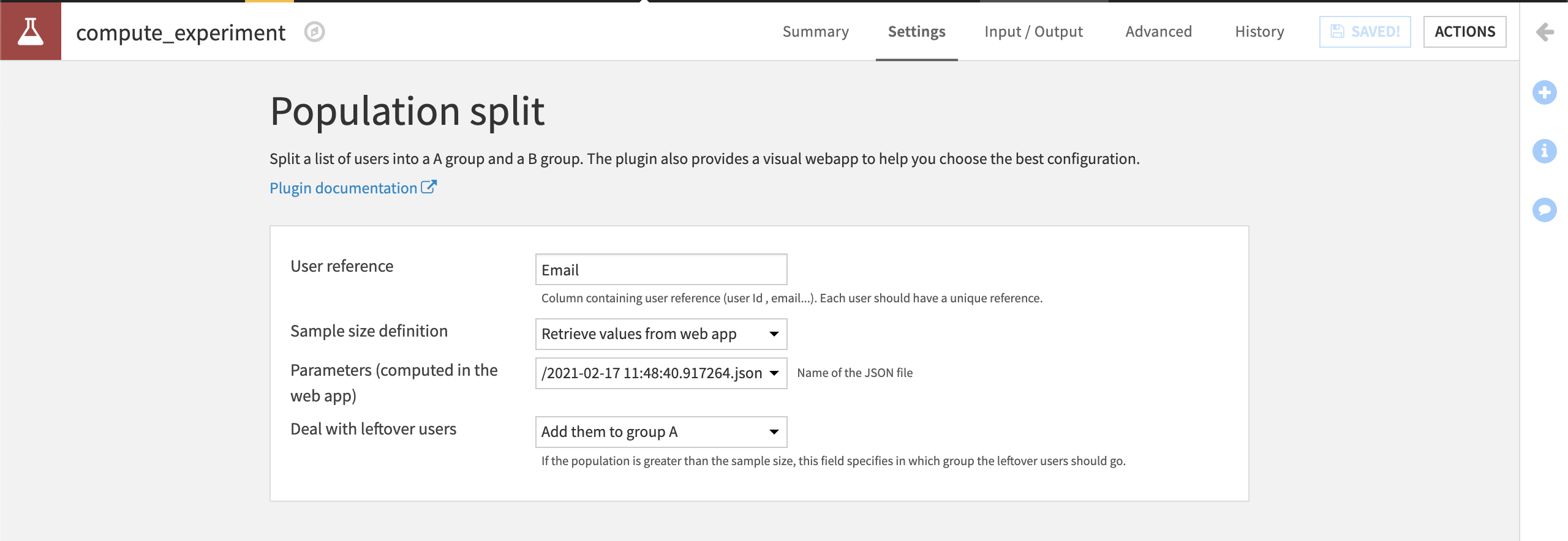 Settings for the Population Split recipe