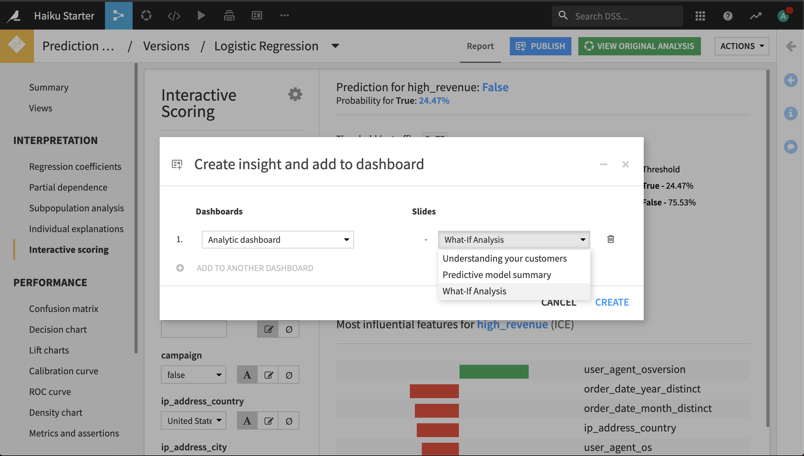 Create insight and add to dashboard dialog for interactive scoring