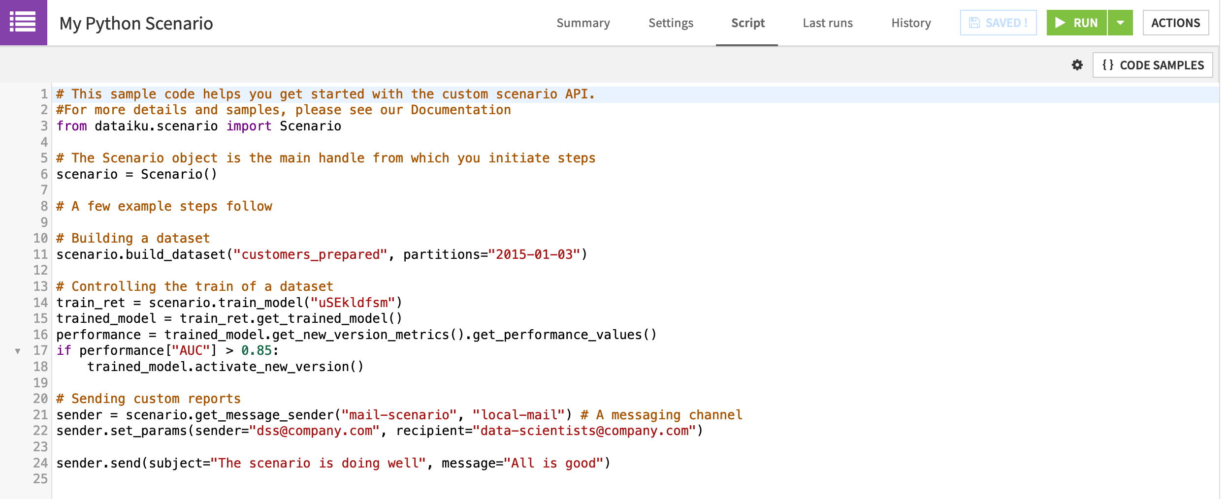 The script tab of a default Python scenario.