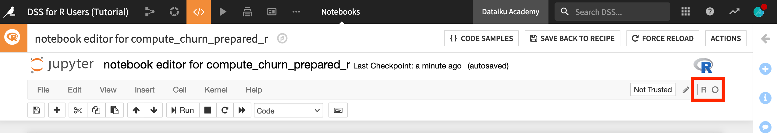 Top of R notebook with kernel in top right corner highlighted