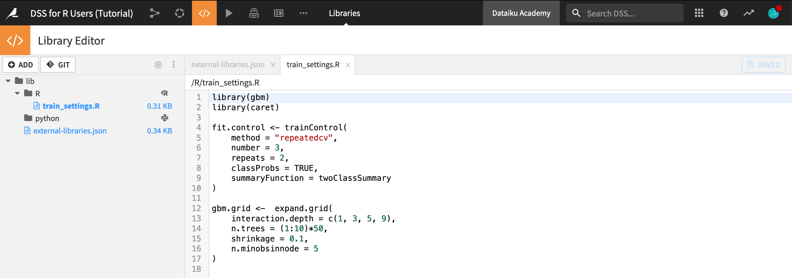 Project library menu showing train_settings.R file after importing it from GitHub