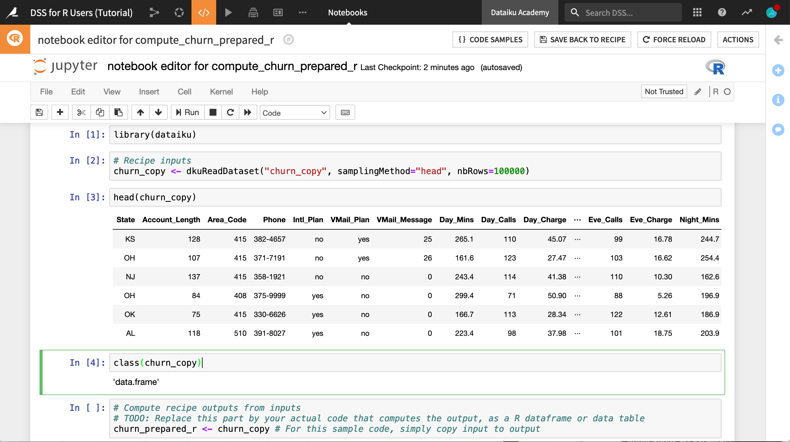 R notebook exploring head and class of churn_copy dataset