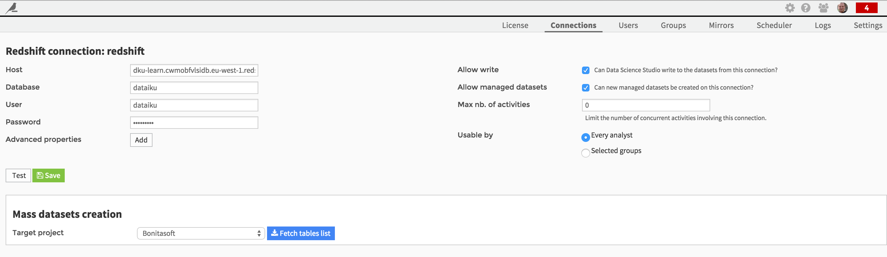 "Redshift credentials to define the connection"