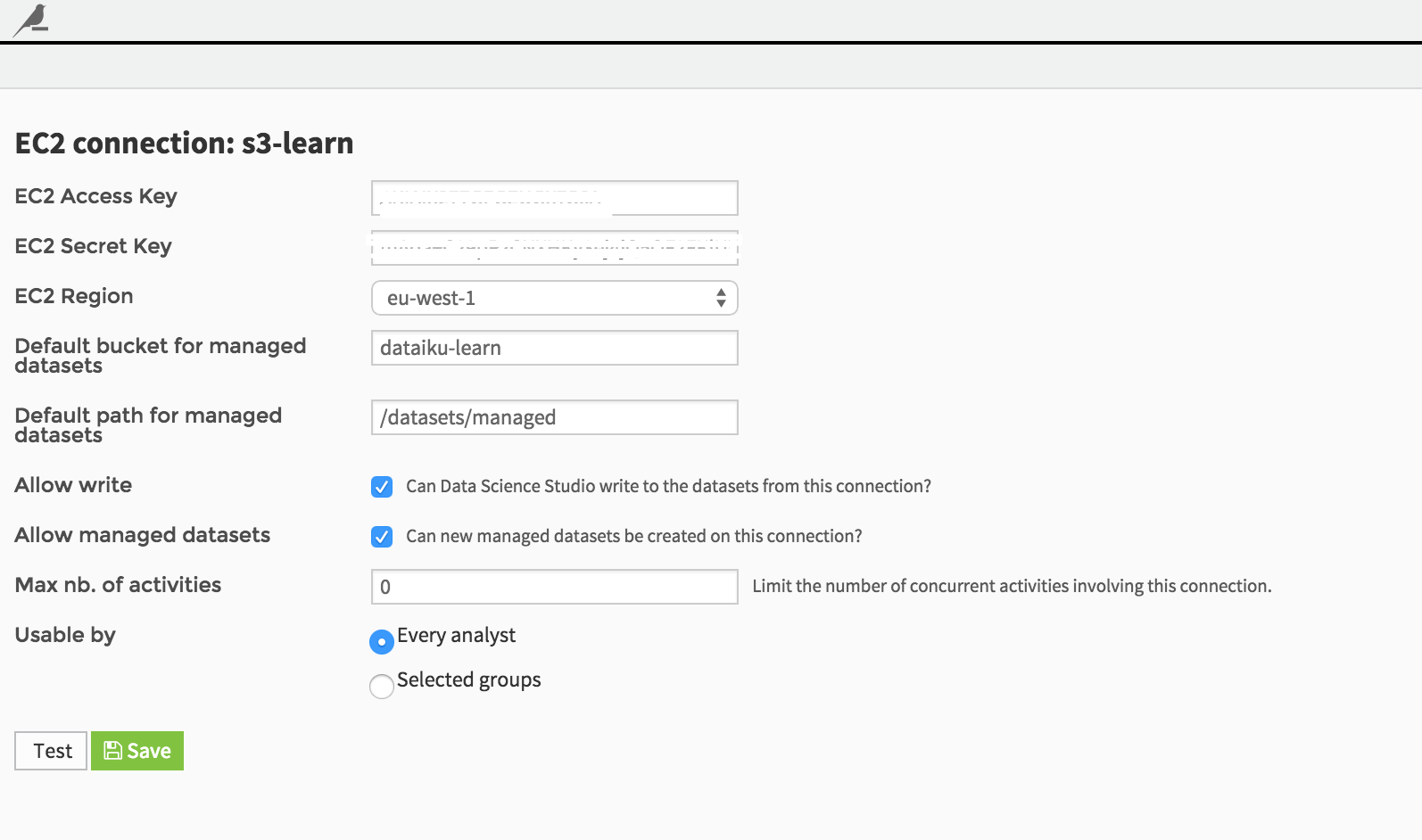 "Amazon AWS (S3) credentials to define the connection"