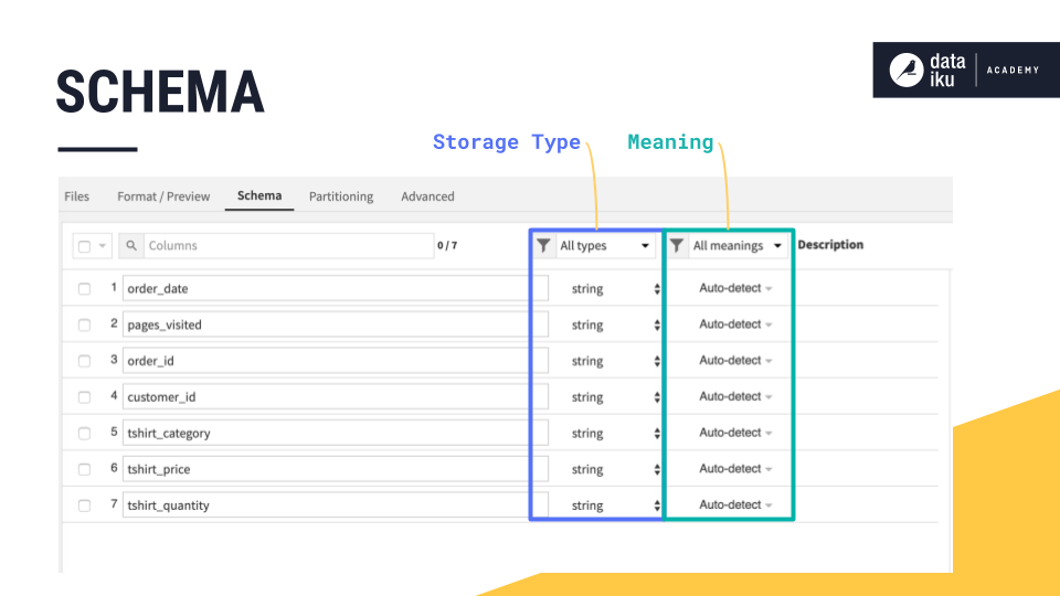 A Dataiku screenshot showing the schema of a dataset and highlighting its storage type and meaning.