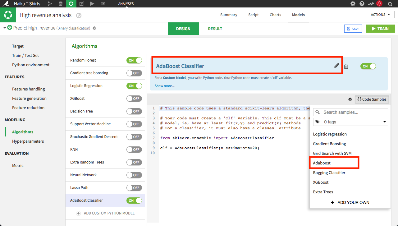 "Algorithms settings for a prediction; code samples for a custom model"