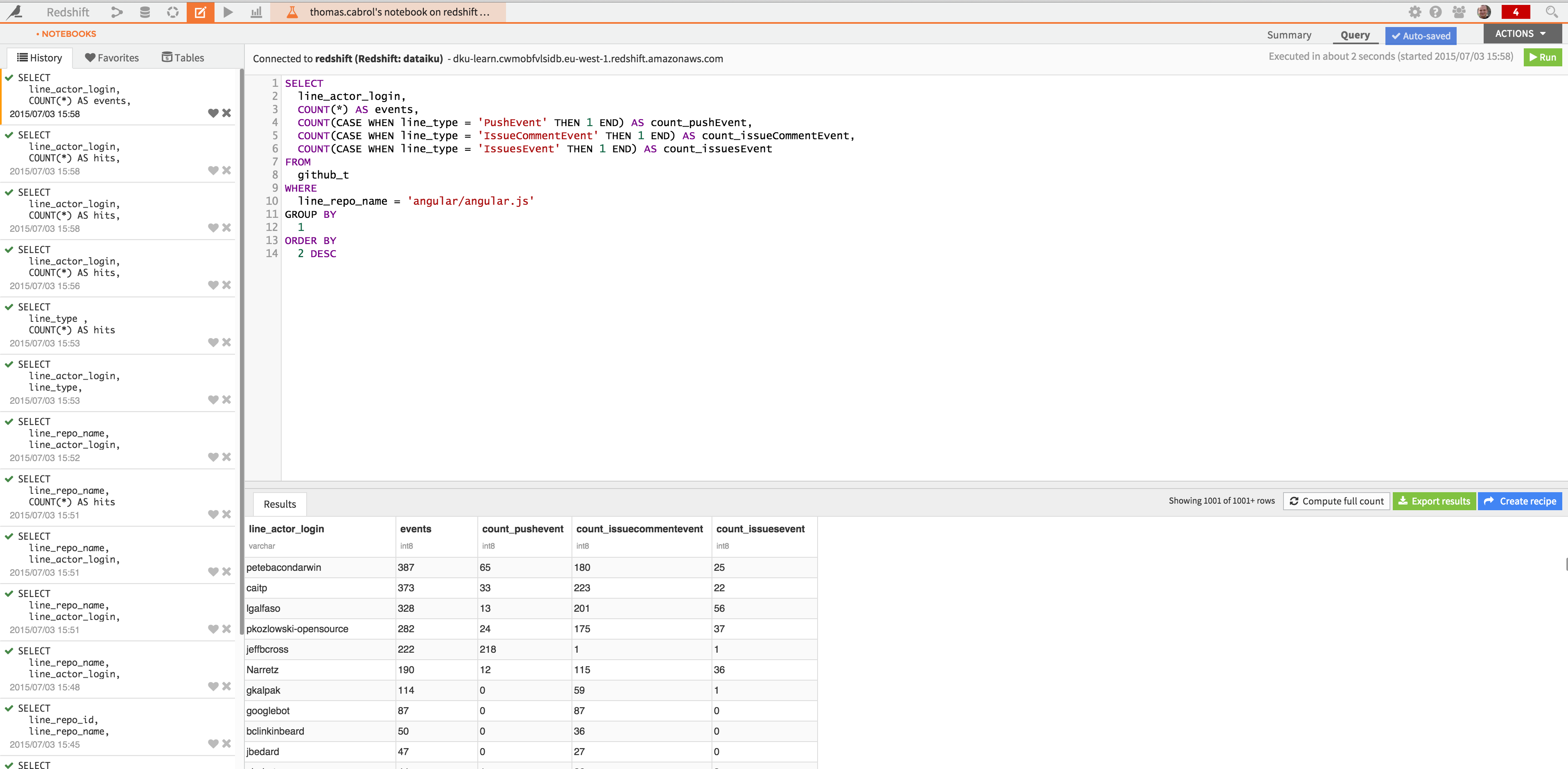 "SQL notebook connected to Redshift"