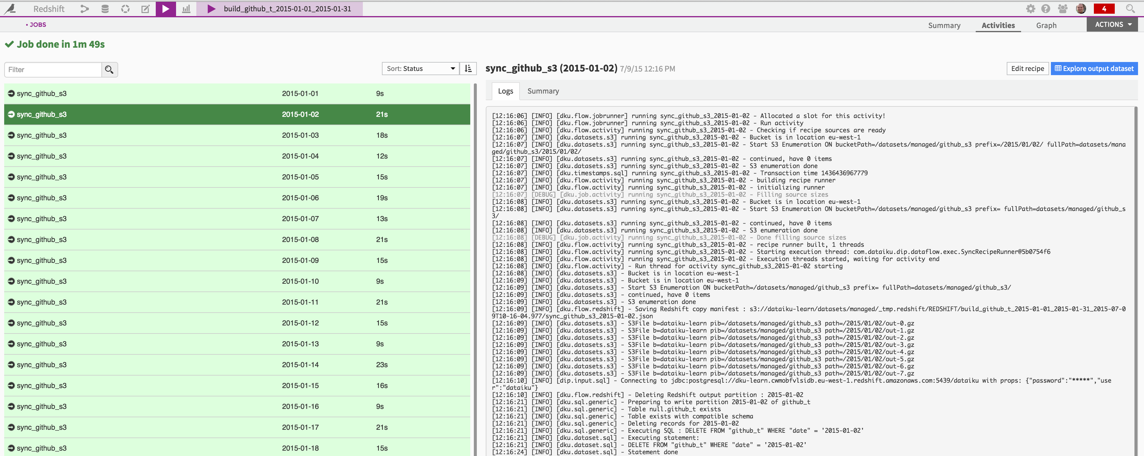 "Job details for the Redshift dataset build"