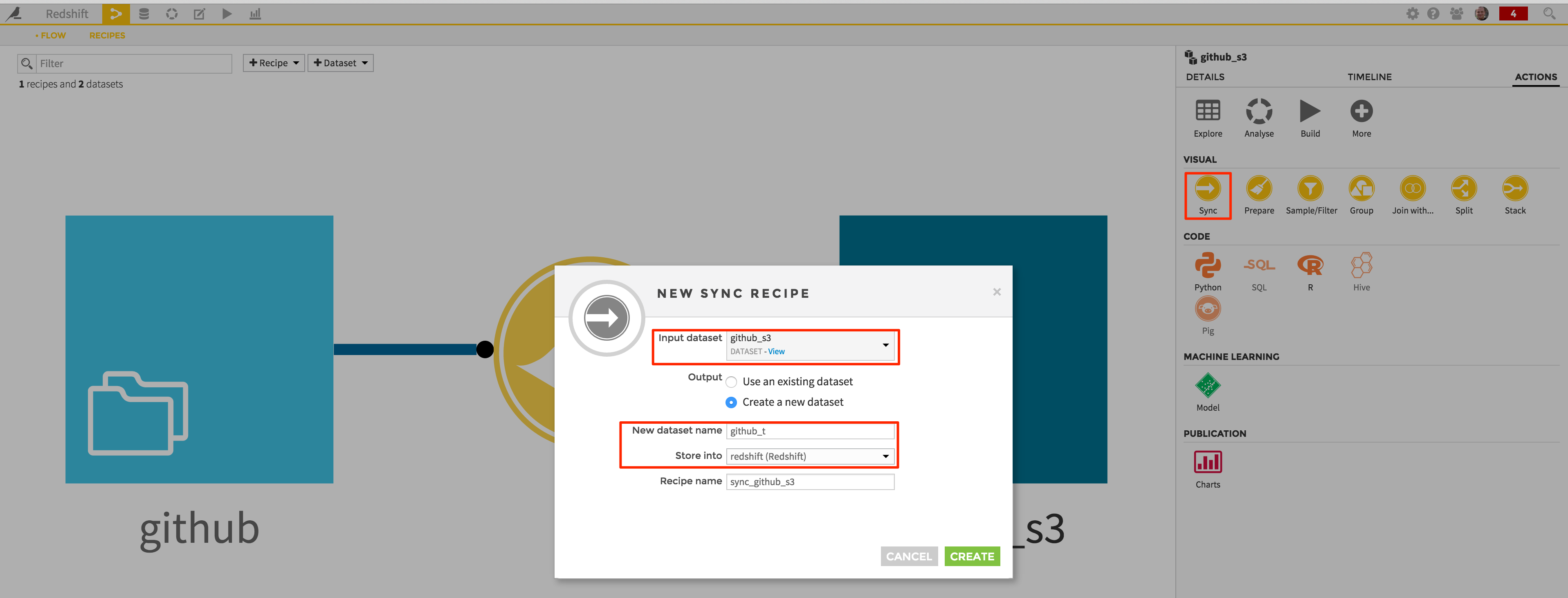 "Creating a Prepare recipe from the S3 dataset"