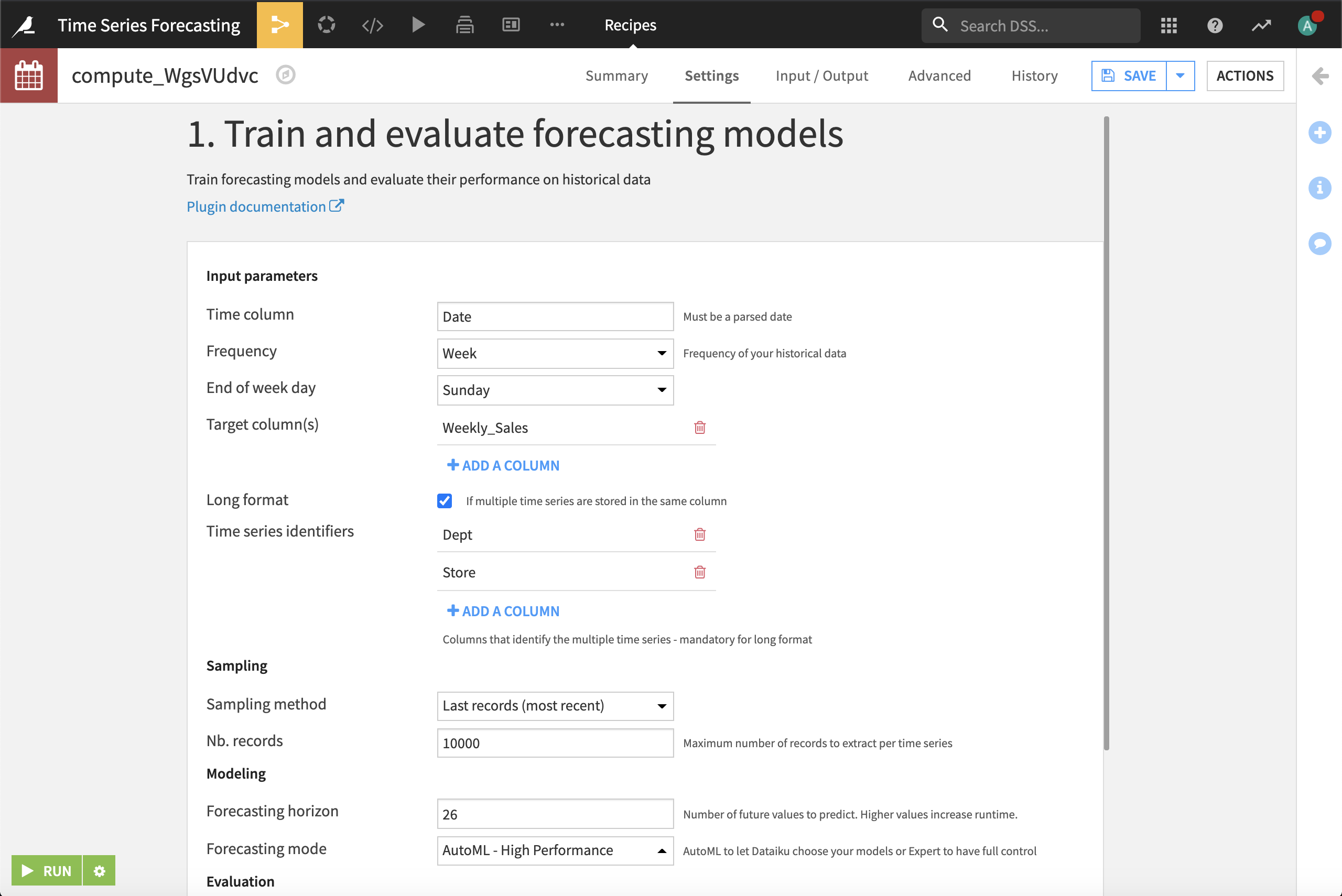 Train and evaluate forecasting models plugin recipe, with settings populated