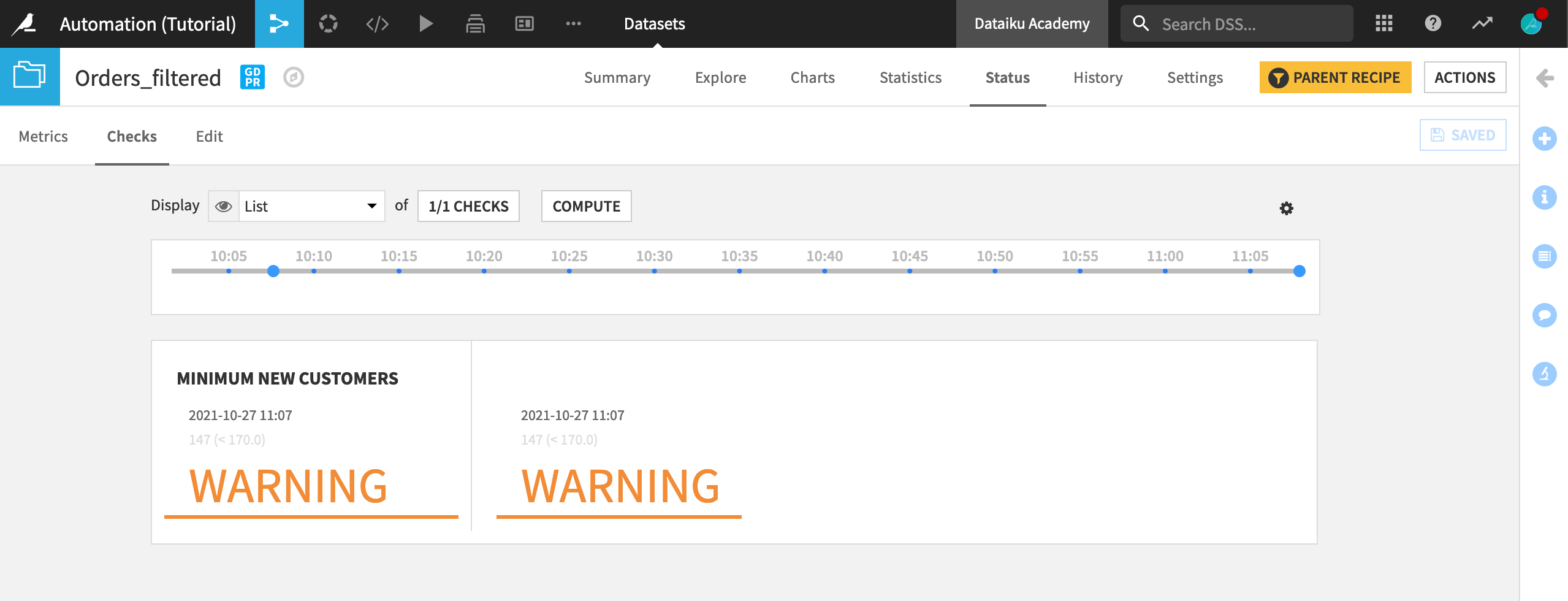 Dataiku screenshot of the Check page of a dataset showing a warning.