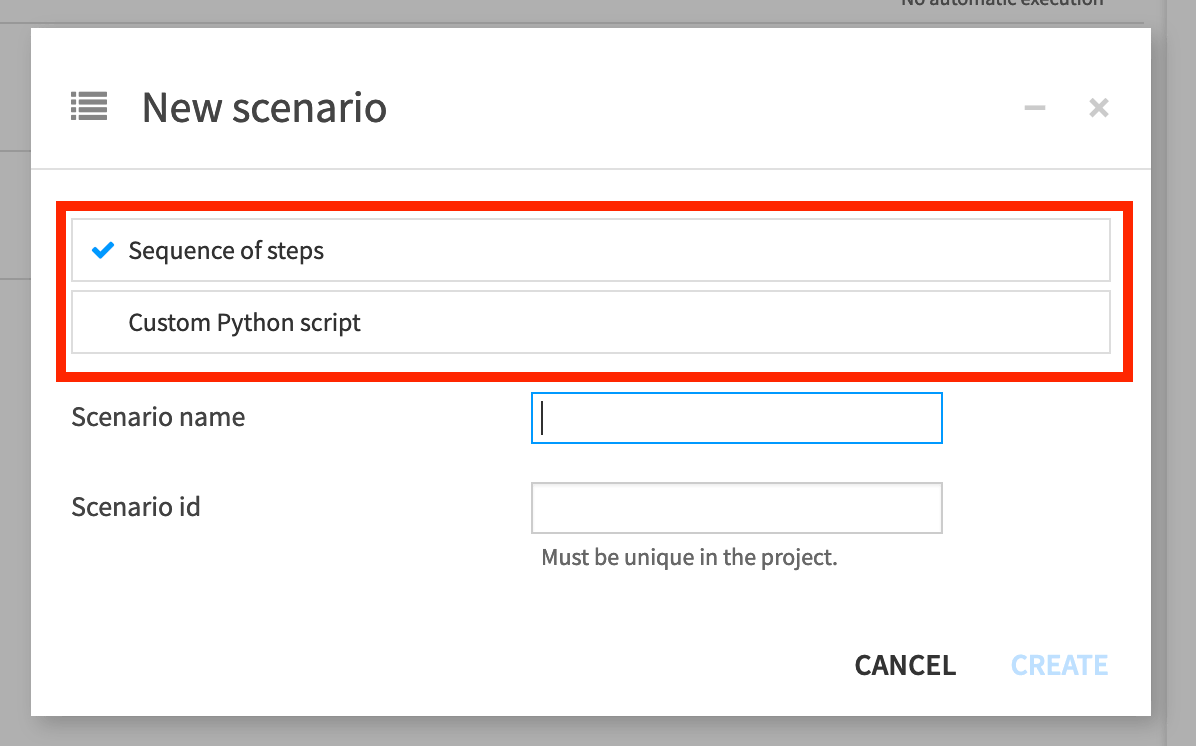 Dataiku screenshot of the dialog for creating a new scenario.
