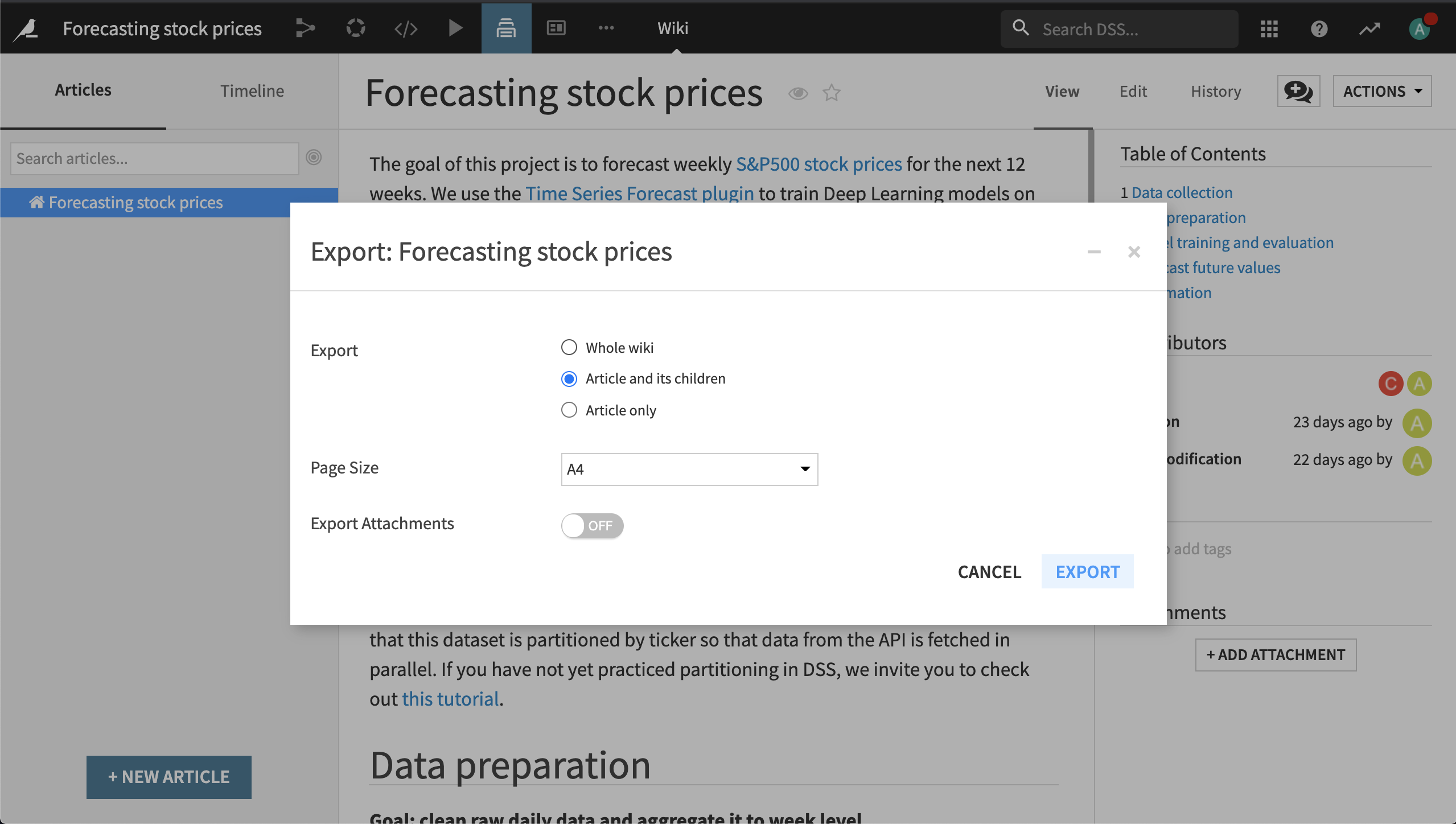 A wiki's Export to PDF dialog