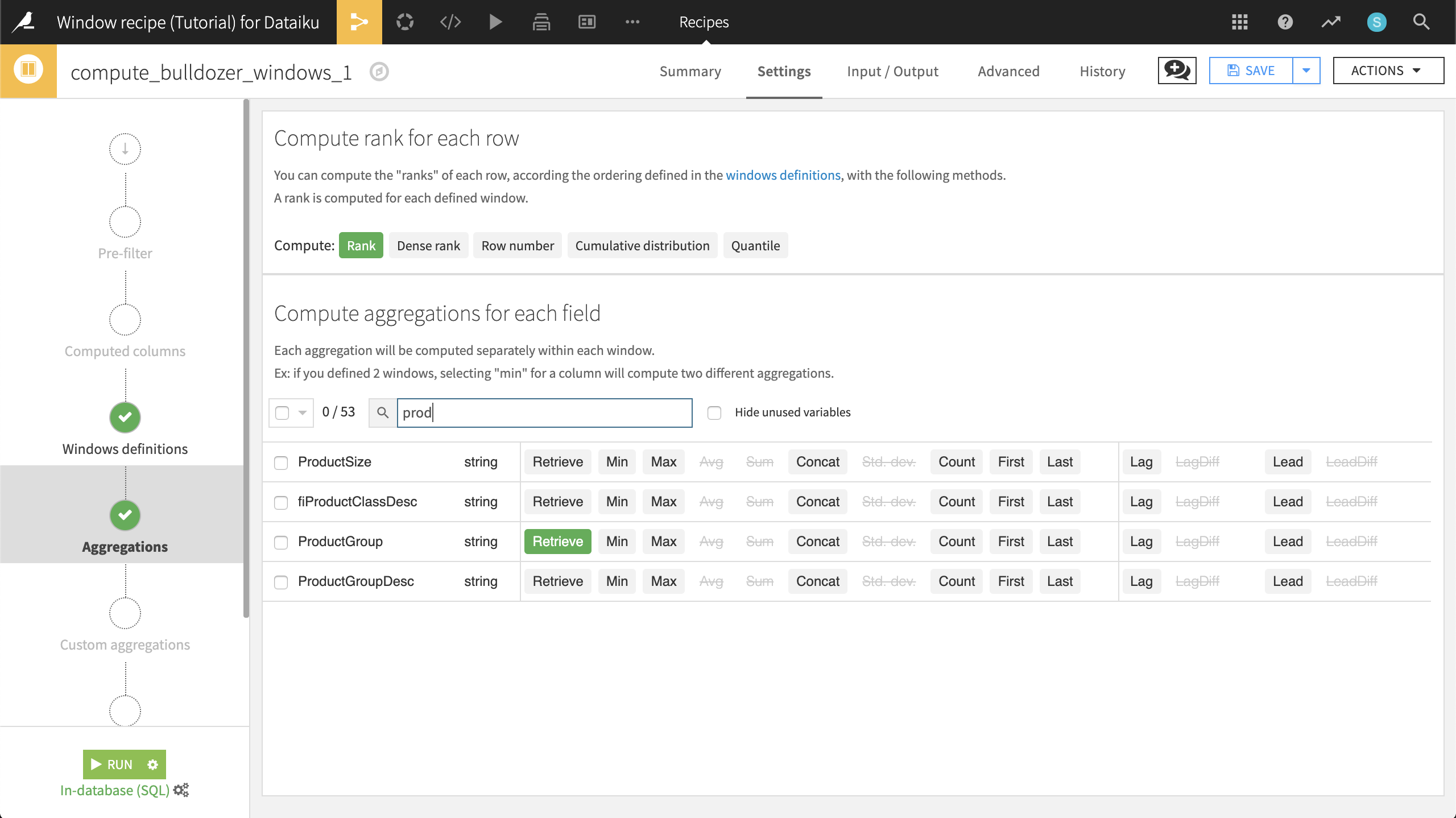 Window recipe; specifying Rank aggregations