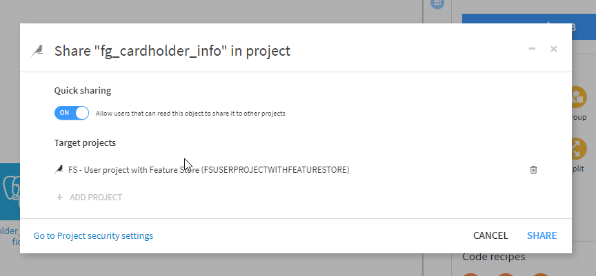Use screen to import a feature group into a specific project.