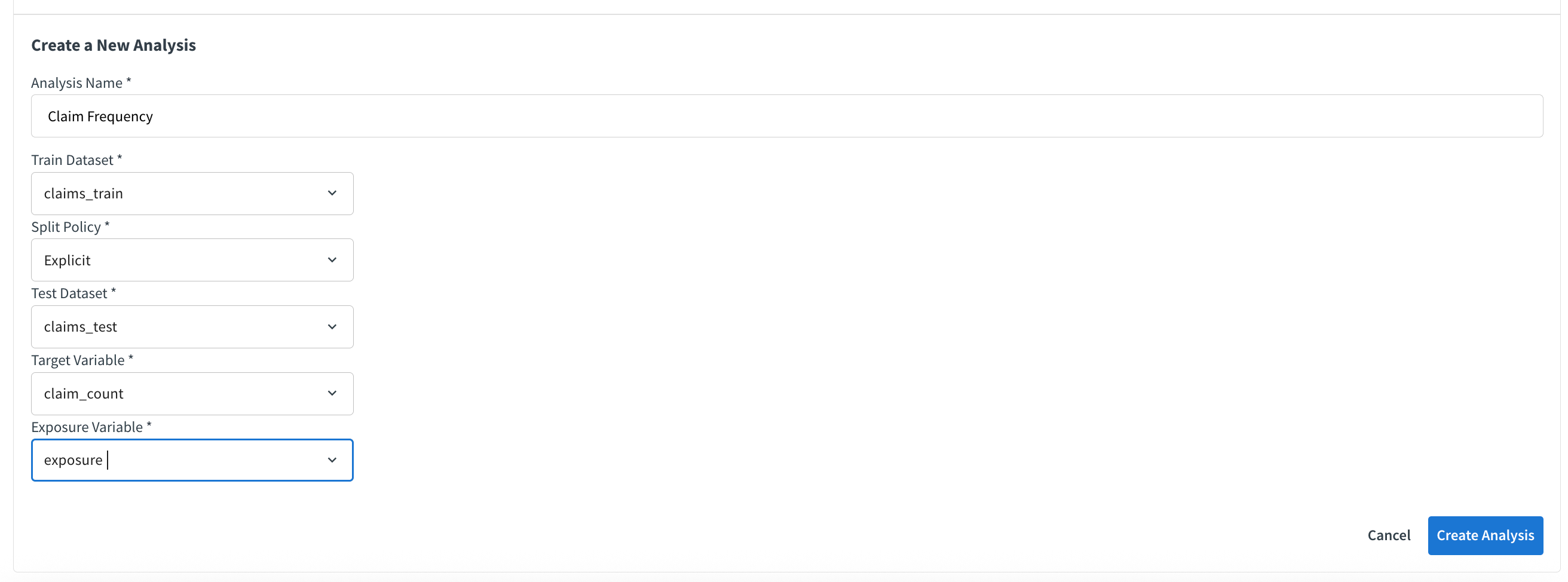 Dataiku screenshot of the Visual GLM analysis creation dialog.