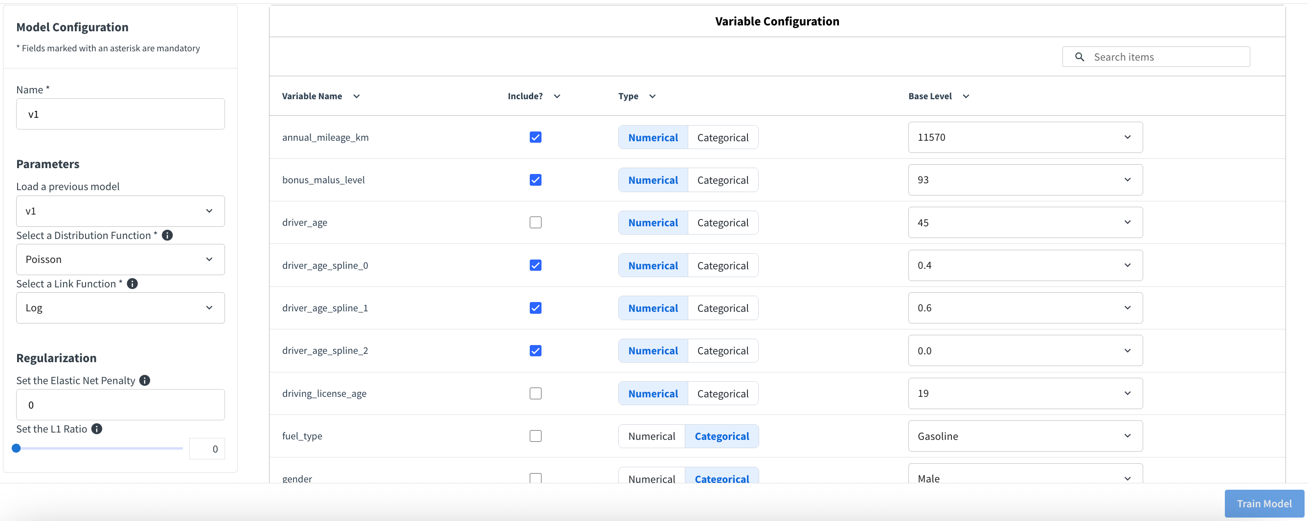 Dataiku screenshot of the Visual GLM configuration screen.