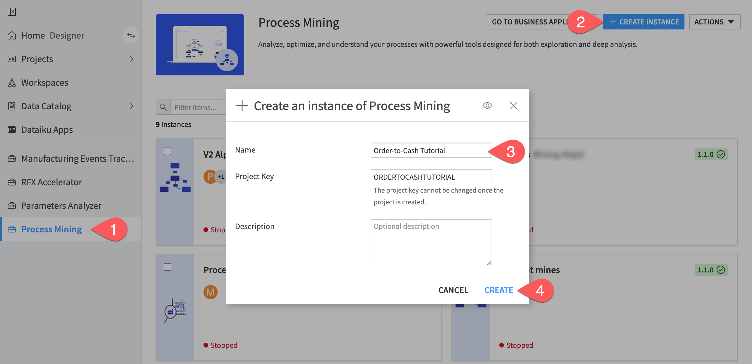 Screenshot of the Dataiku homepage showing Process Mining selected in the left navigation panel and the Create Instance dialog open.