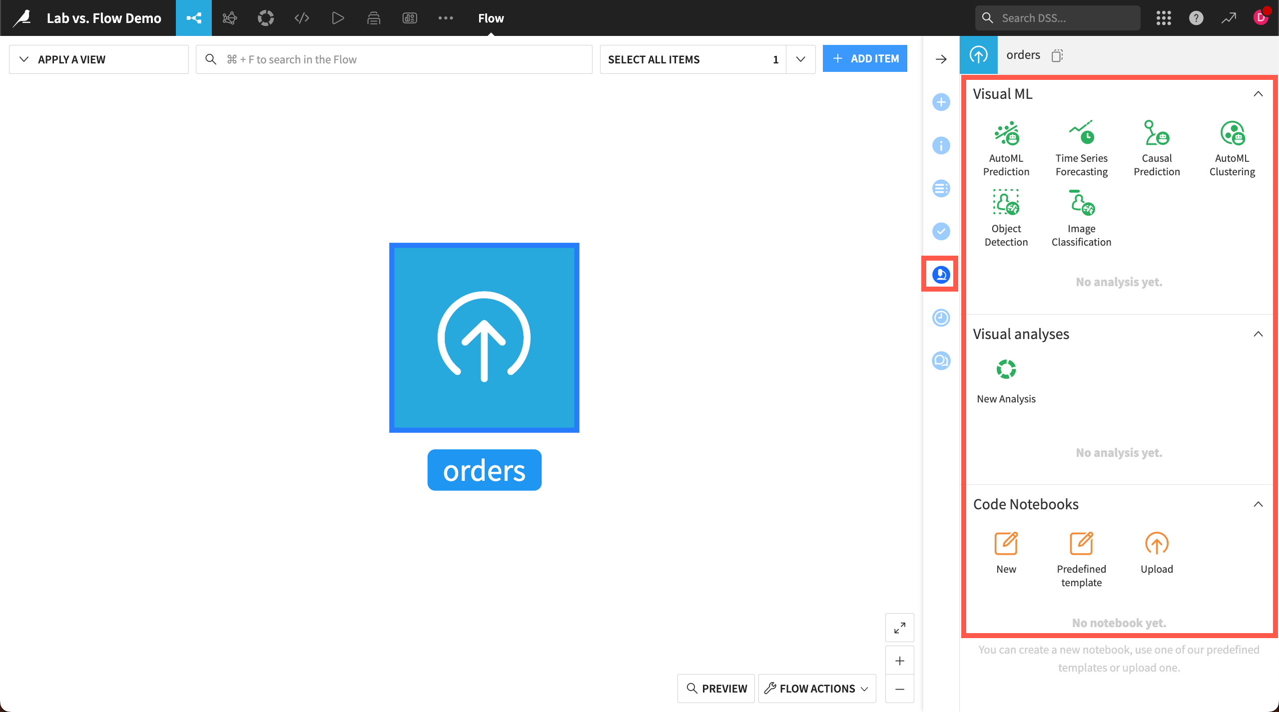 Dataiku screenshot showing how to access the Lab.