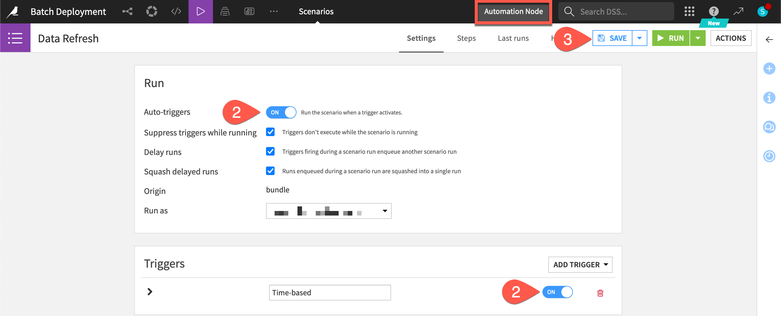 Dataiku screenshot of activated triggers for a scenario on the Automation node.