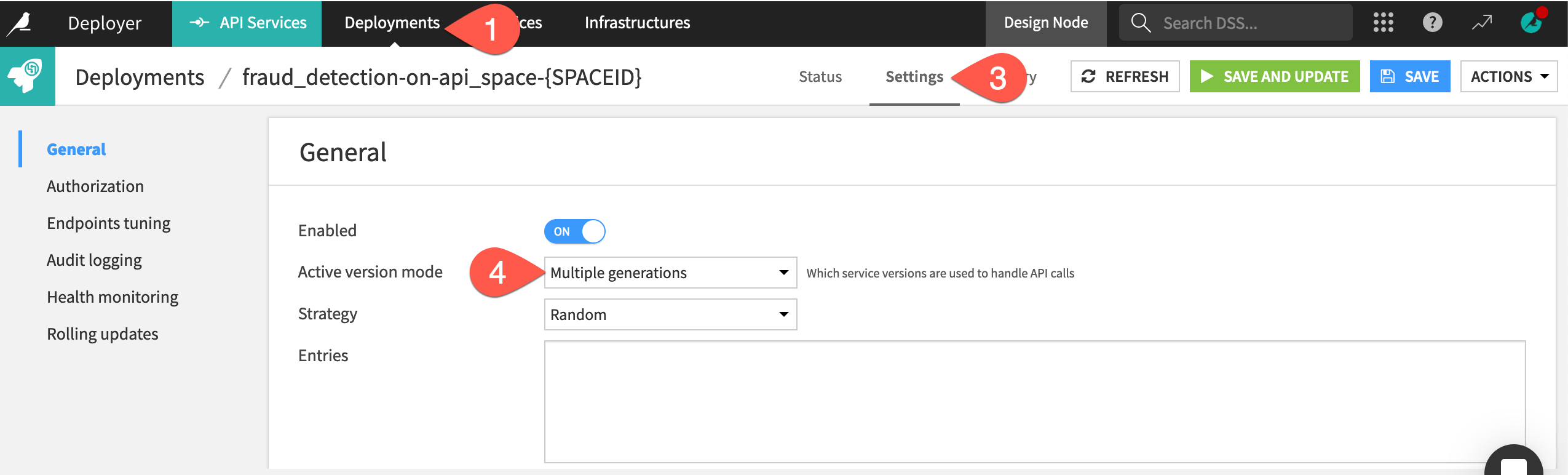 Dataiku screenshot of the active version mode of an API deployment.