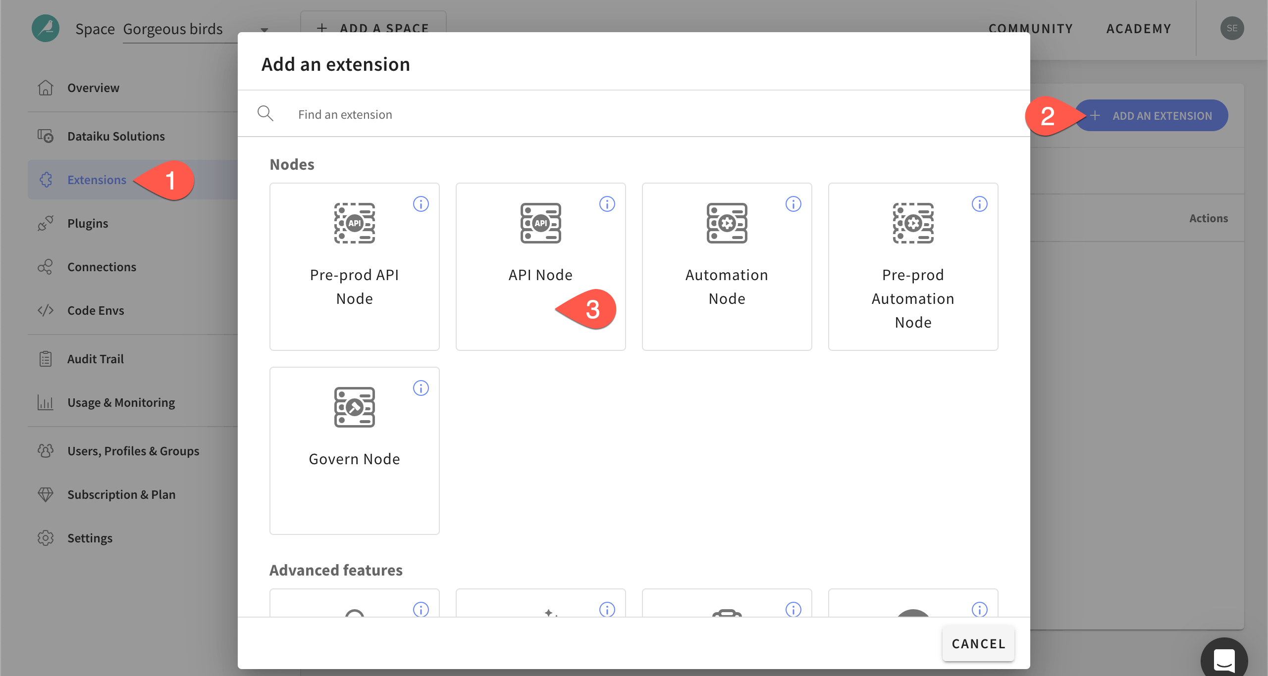 Dataiku screenshot of the Extensions tab of the Launchpad.