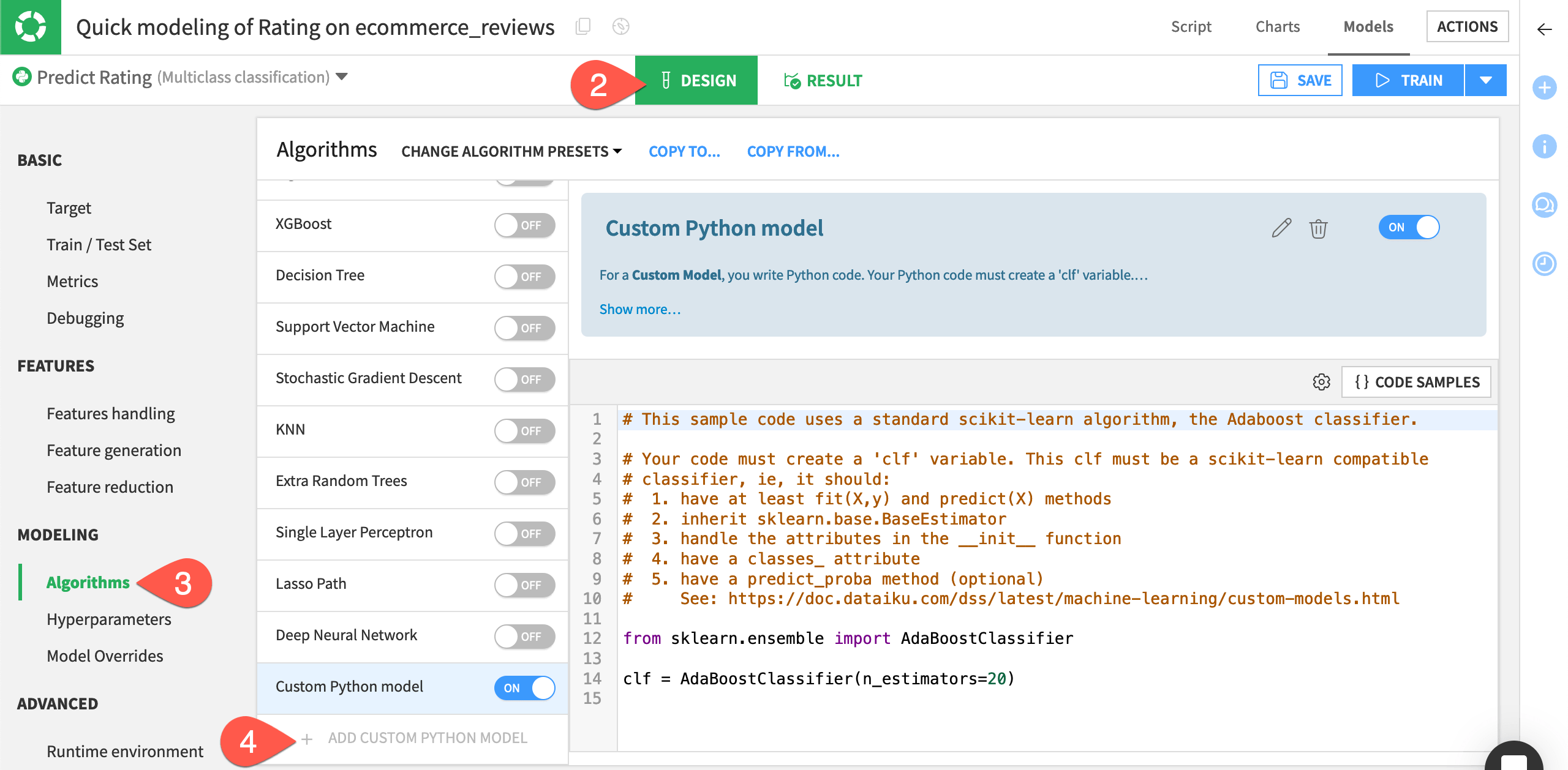 Dataiku screenshot of the Algorithms panel of a visual model.