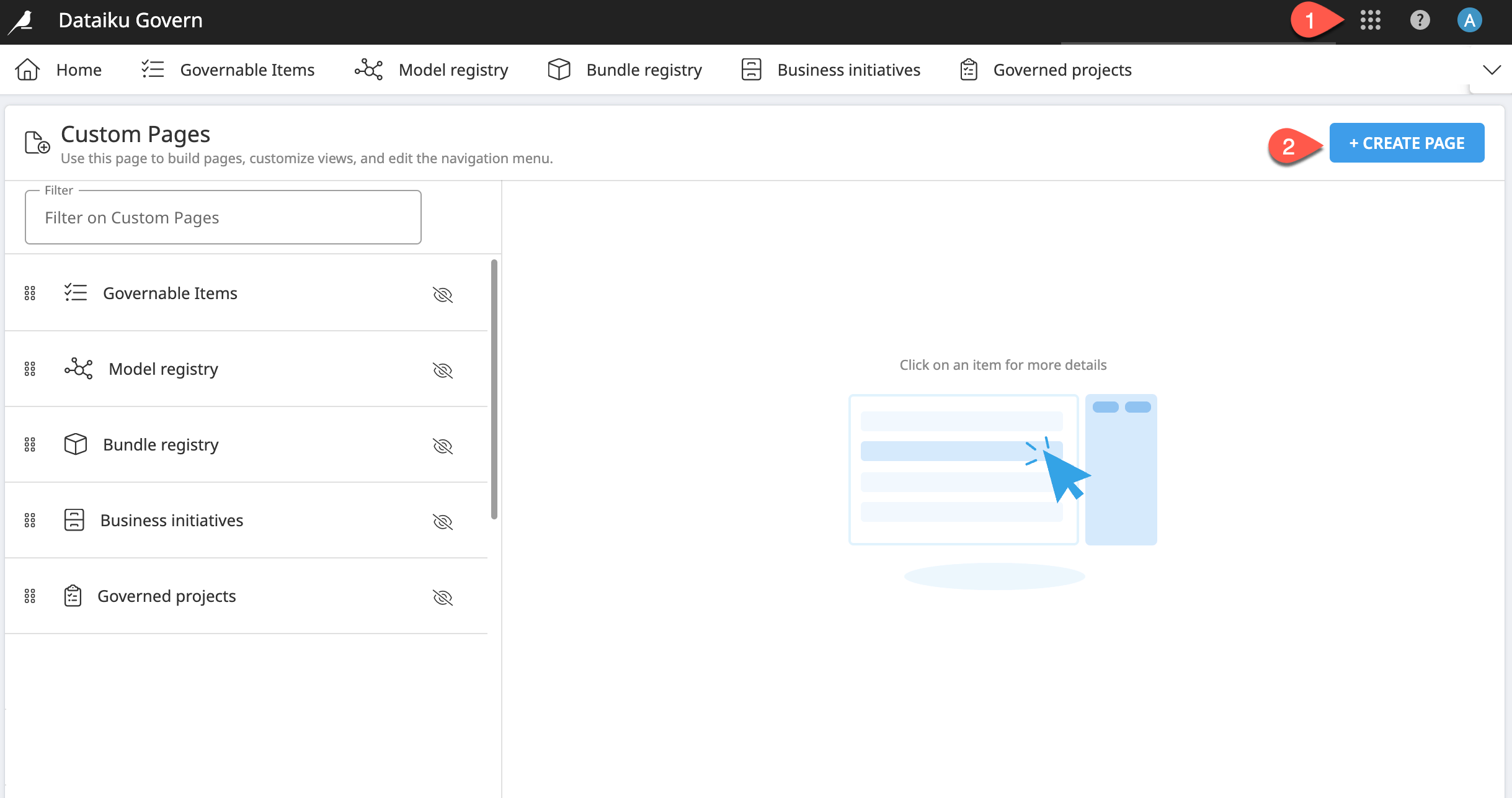 Screenshot of Dataiku Govern highlighting the add custom page button.