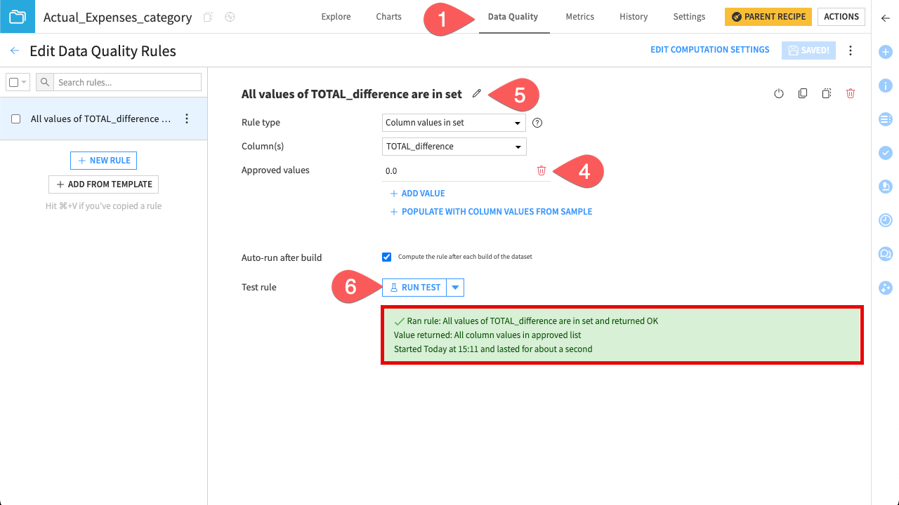 Dataiku screenshot showing how to add a Data quality rule.