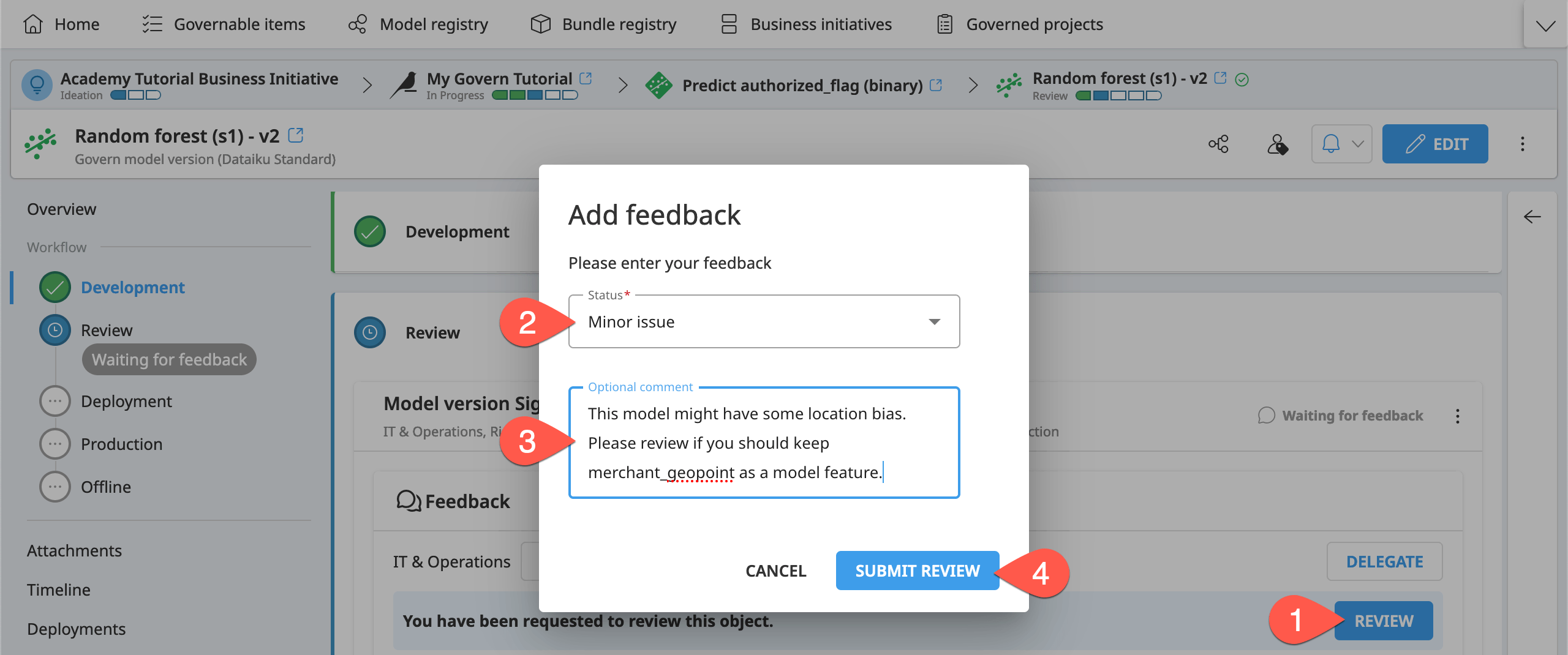 Dataiku screenshot of the dialog for adding feedback on a model version review.