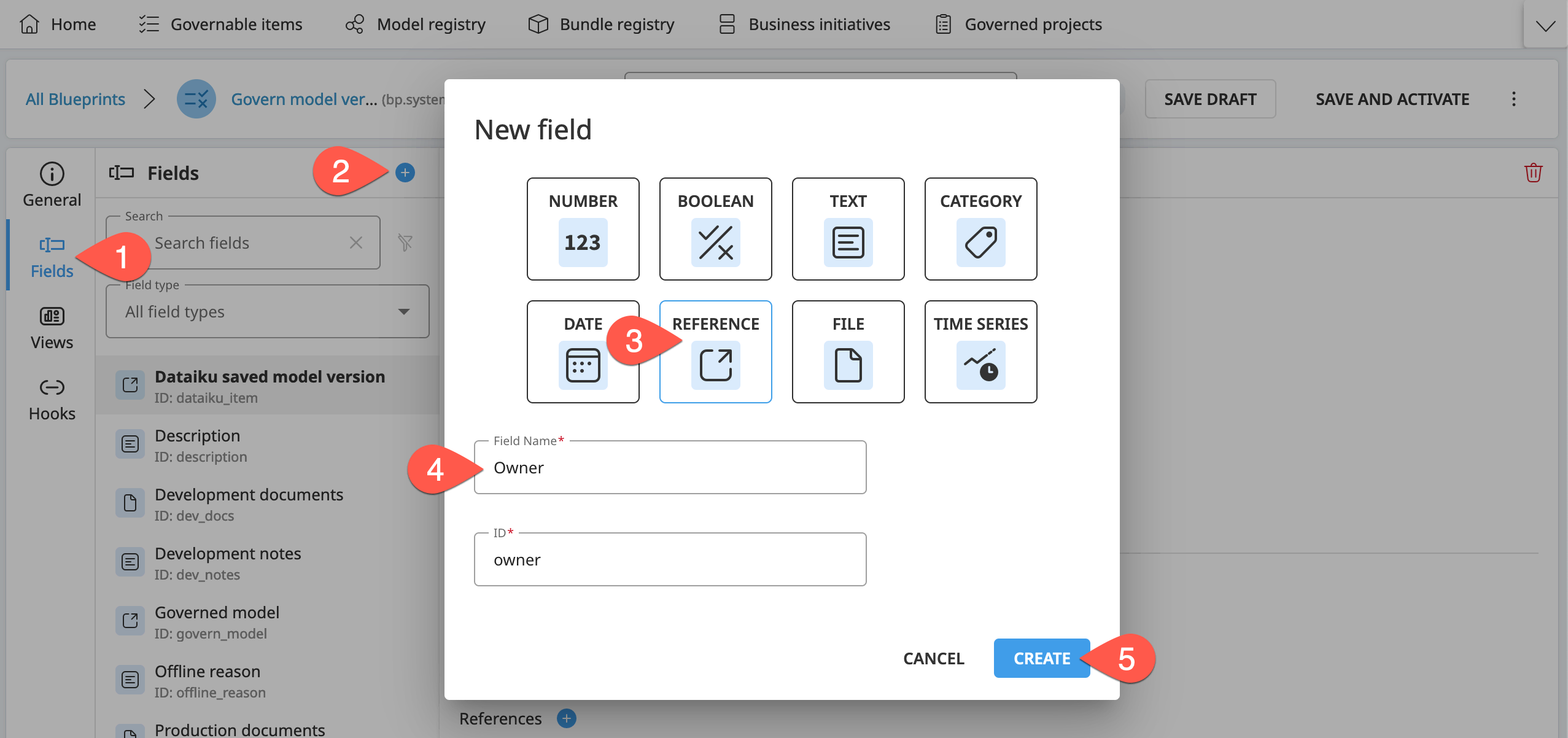 Dataiku screenshot of the dialog to add a new field.