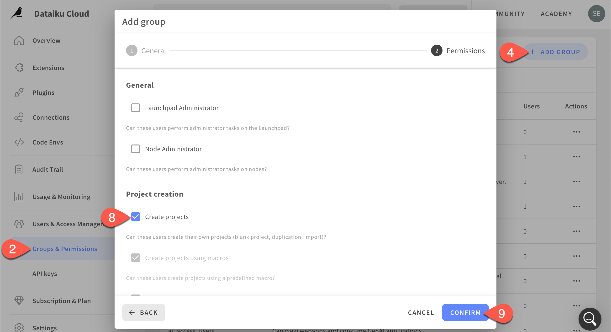Dataiku screenshot of dialog for adding a group.
