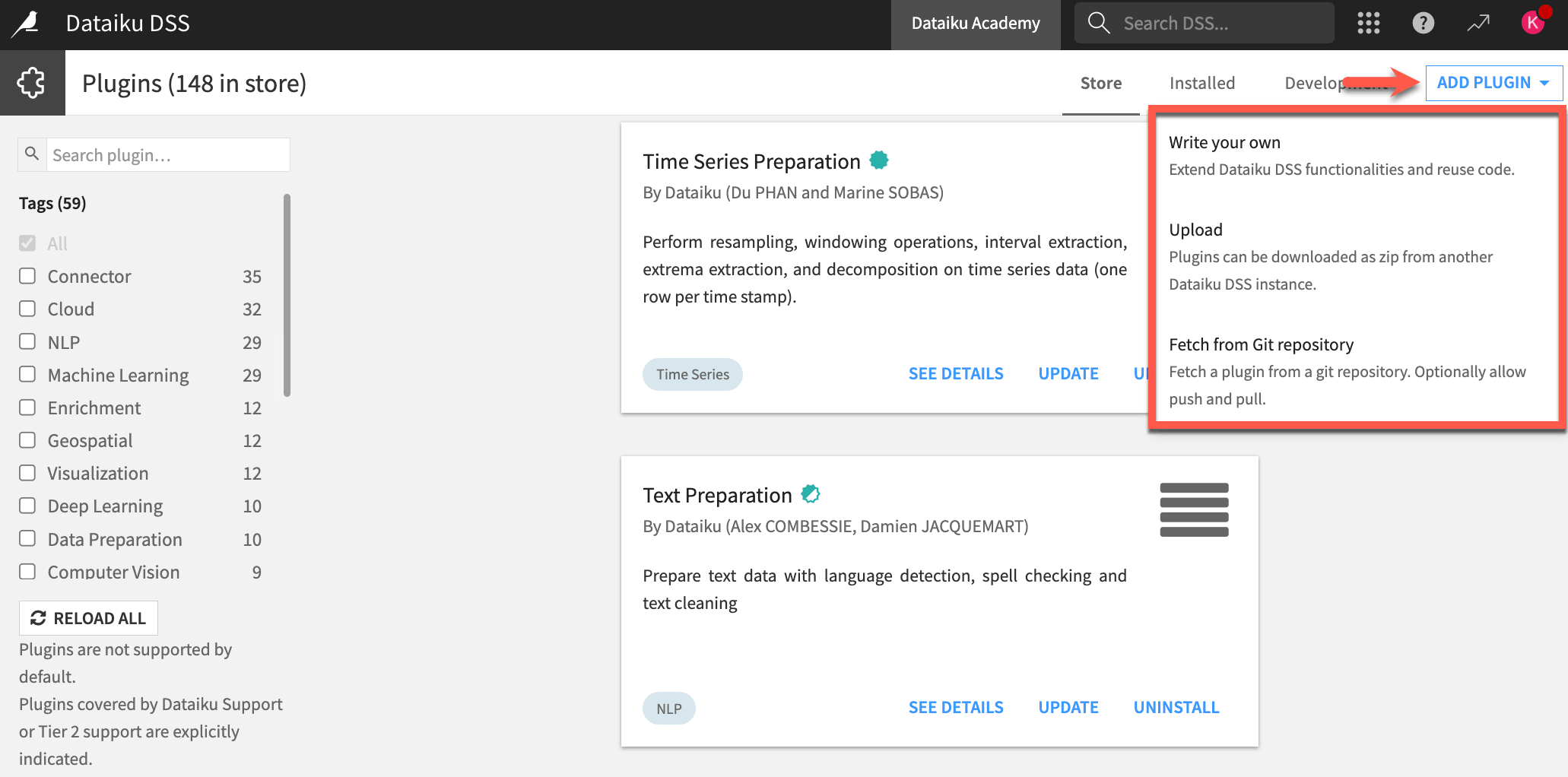 Dataiku screenshot of the Add Plugin button.