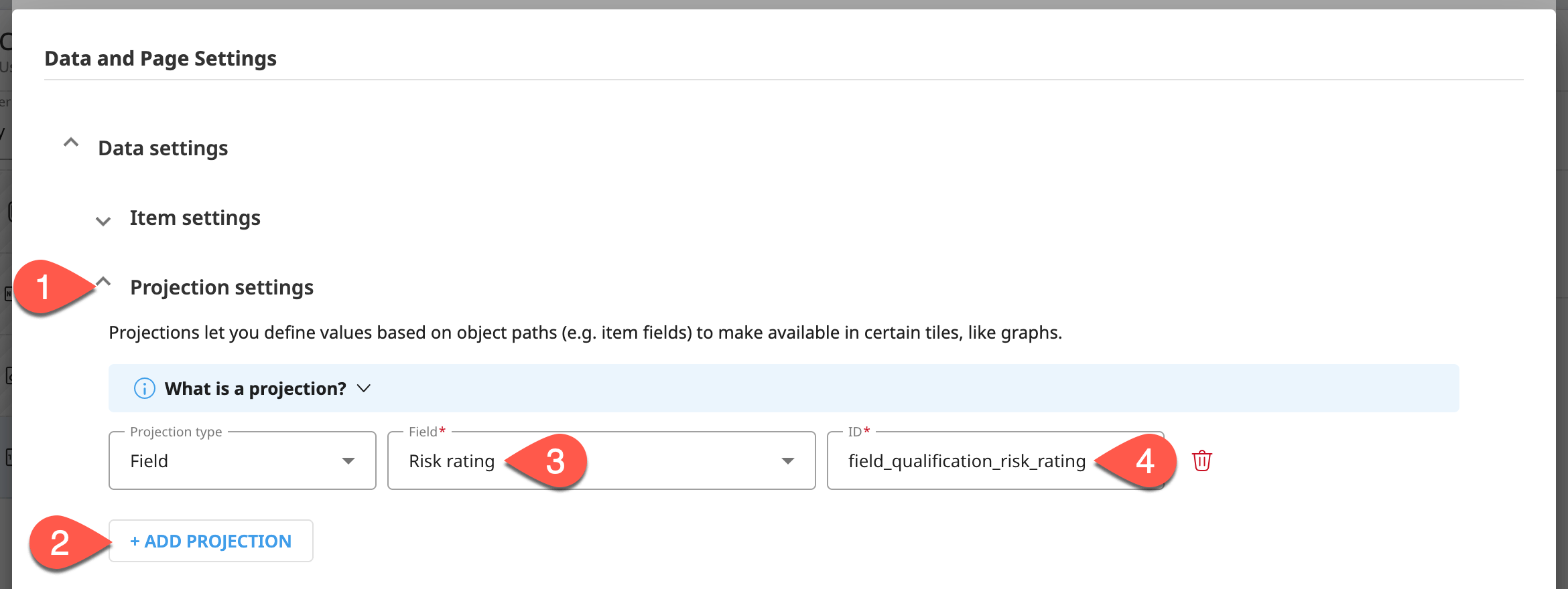 Dataiku screenshot of projection settings of a custom grid page.
