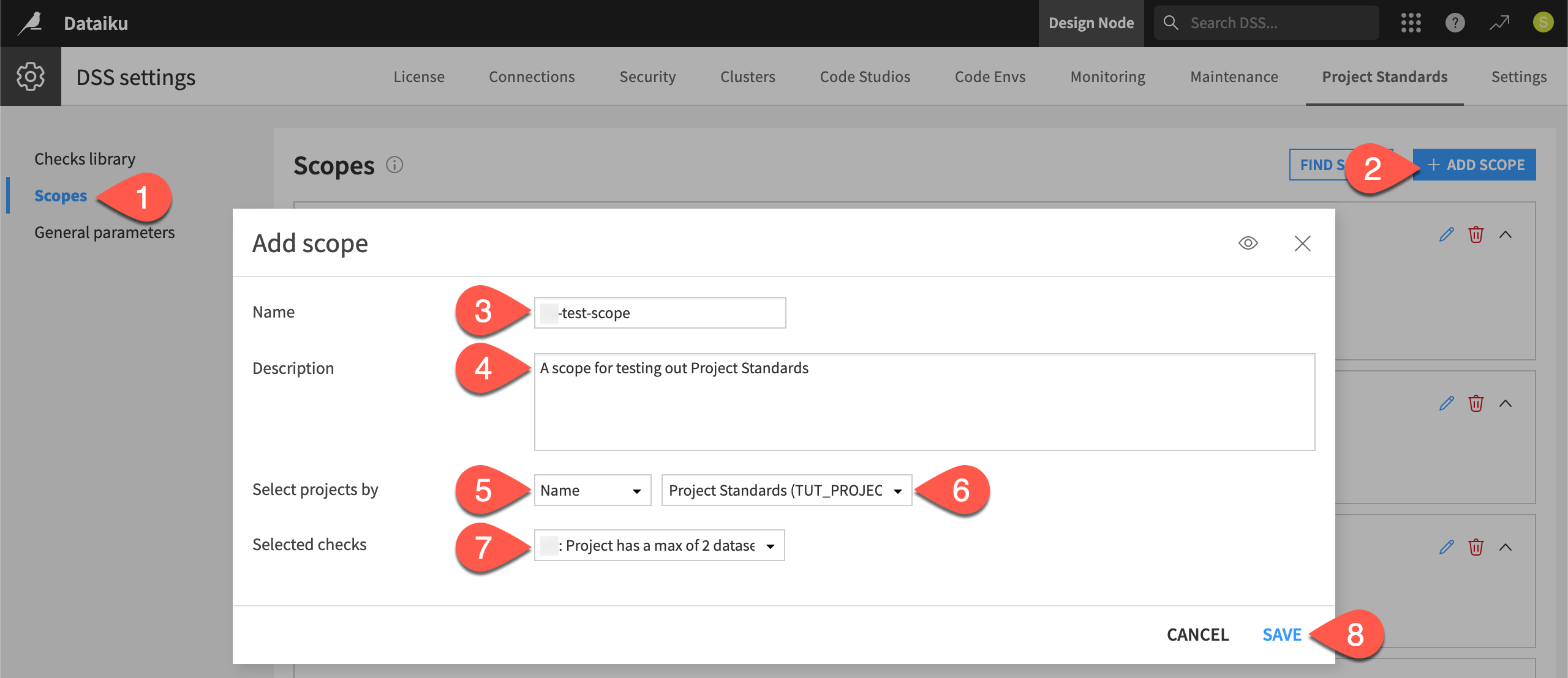 Dataiku screenshot of the dialog to add a scope.