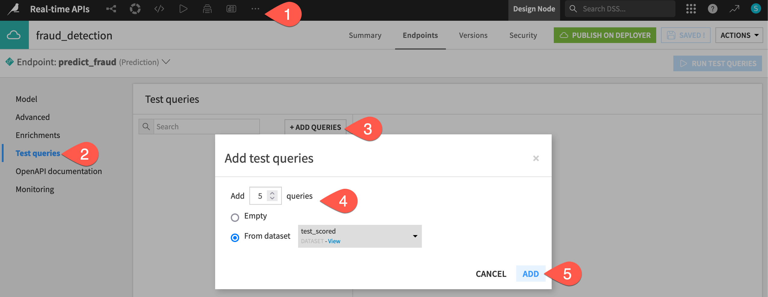 Dataiku screenshot of the page for adding test queries to verify that the endpoint works.