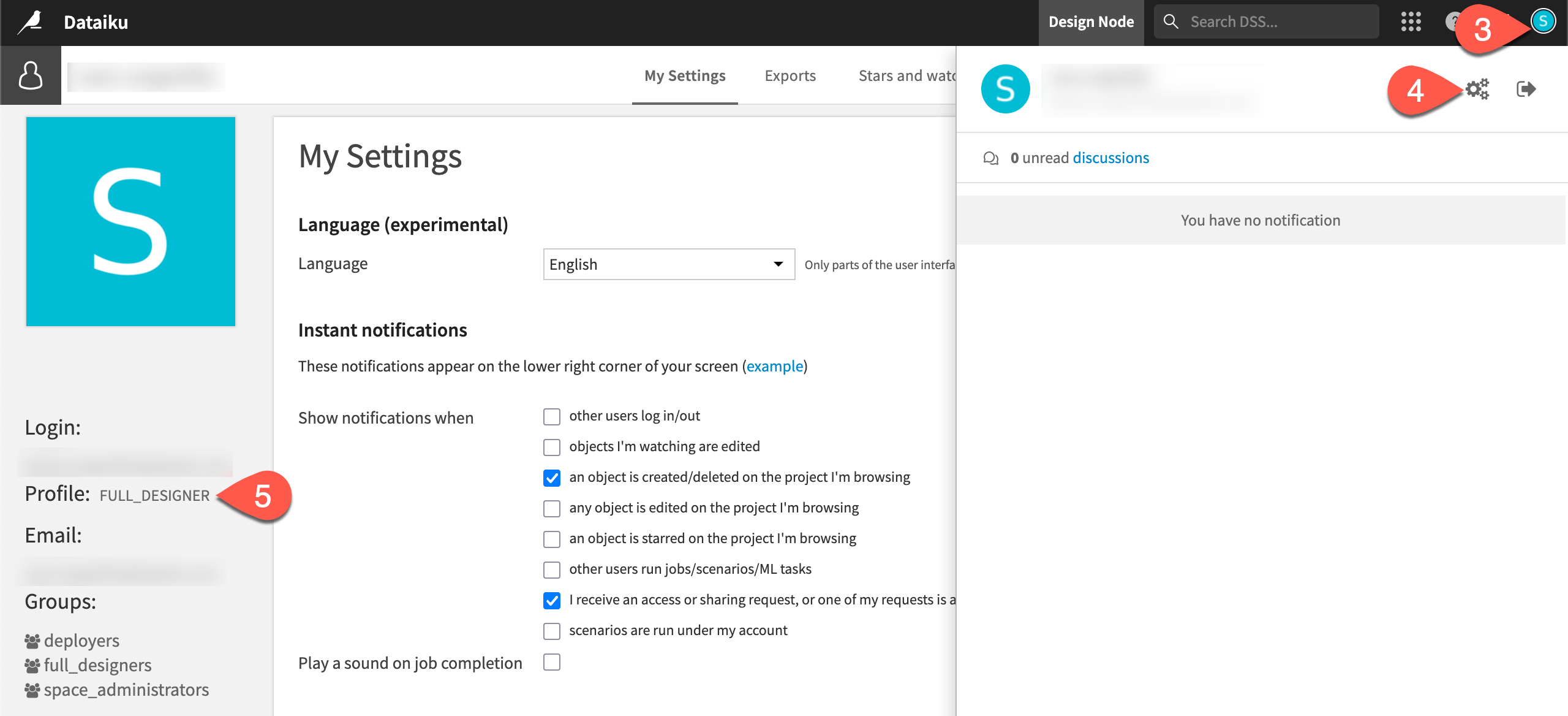Dataiku screenshot of the administrator profile page on Cloud.