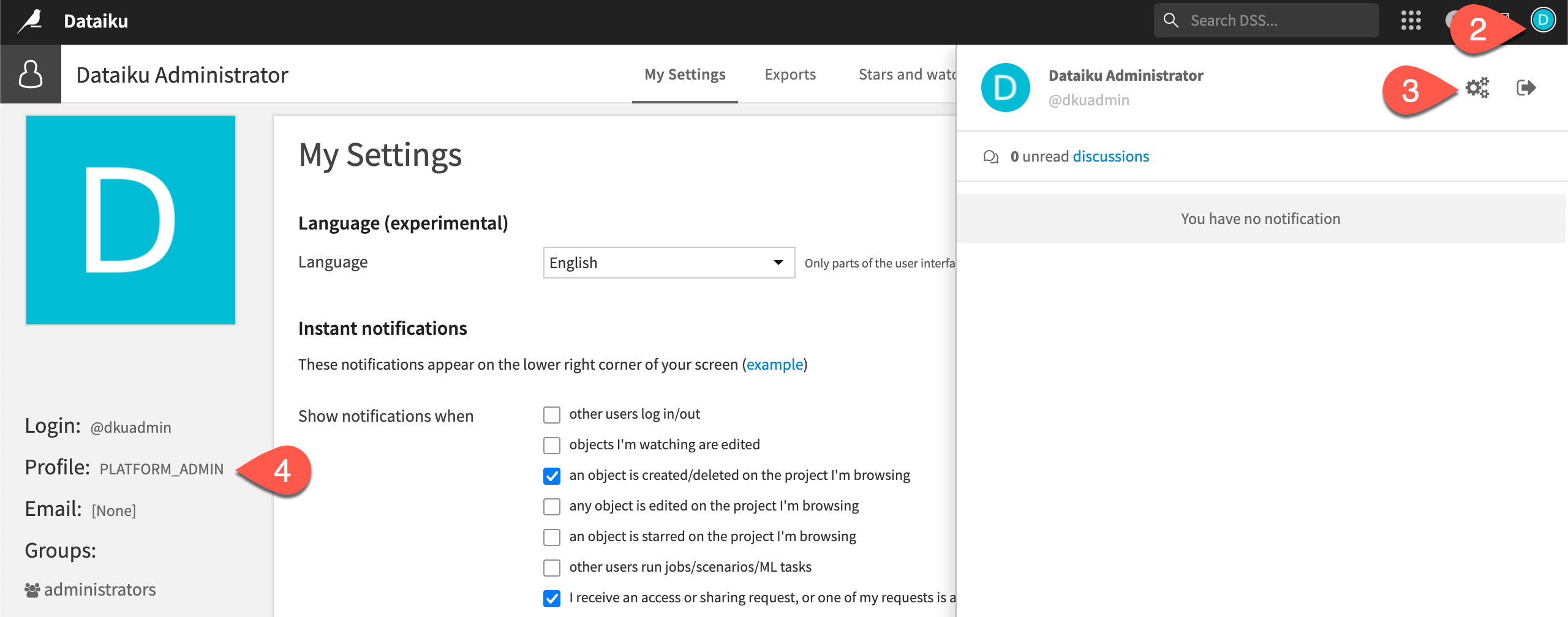 Dataiku screenshot of the administrator profile page.
