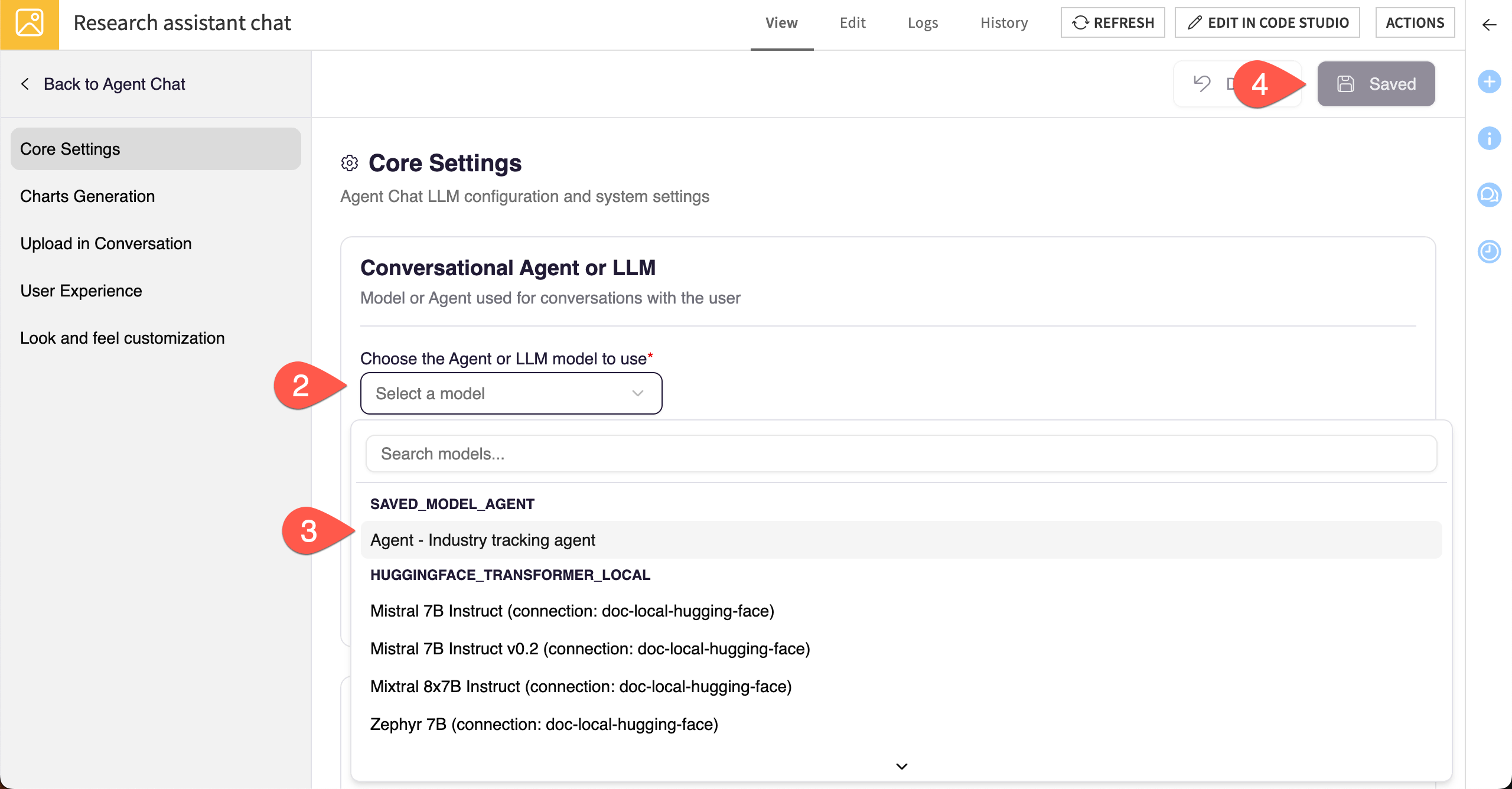 Dataiku screenshot showing steps to select an agent in Agent Chat.