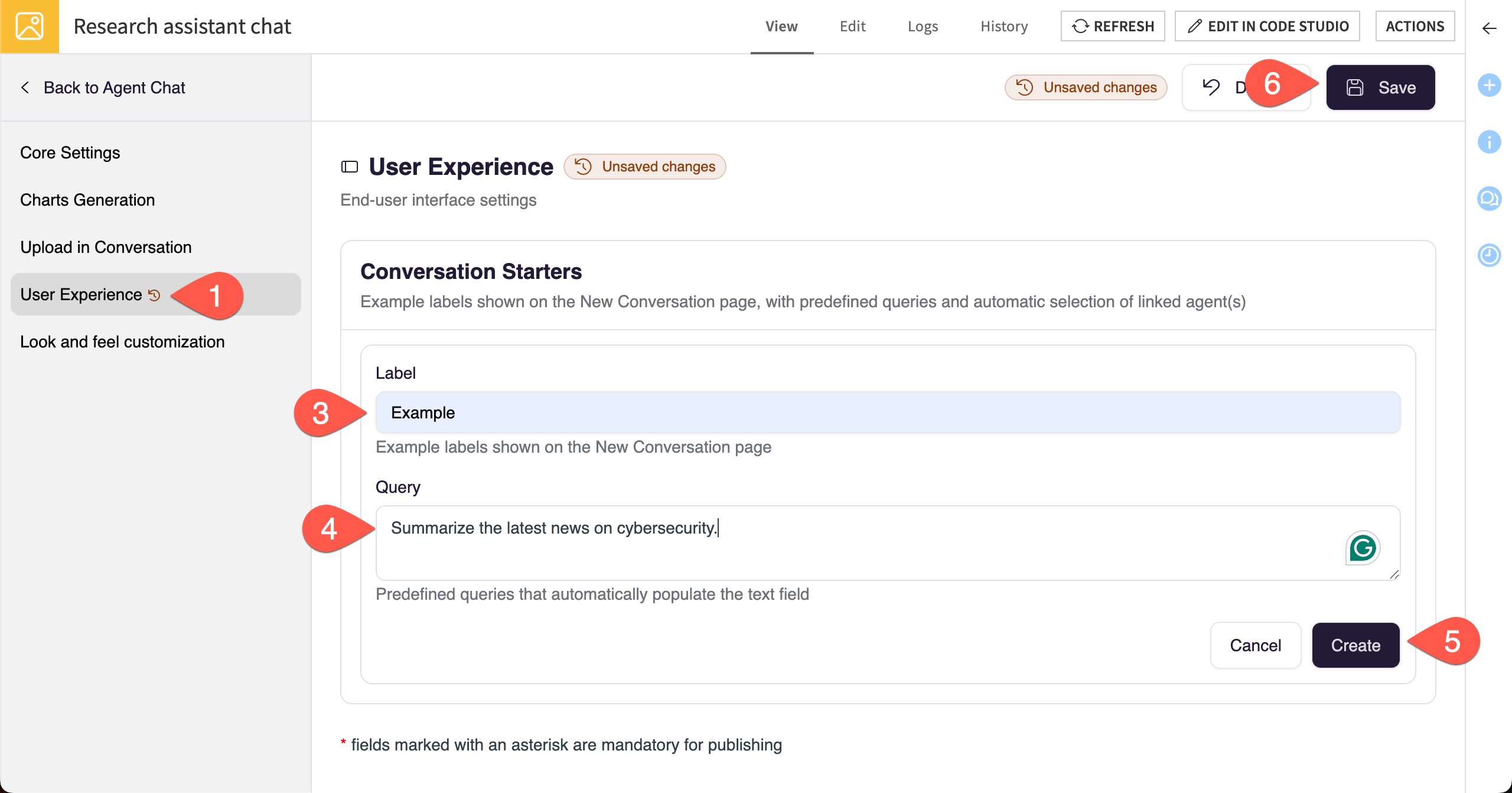 Dataiku screenshot showing steps to add an example in Agent Chat.