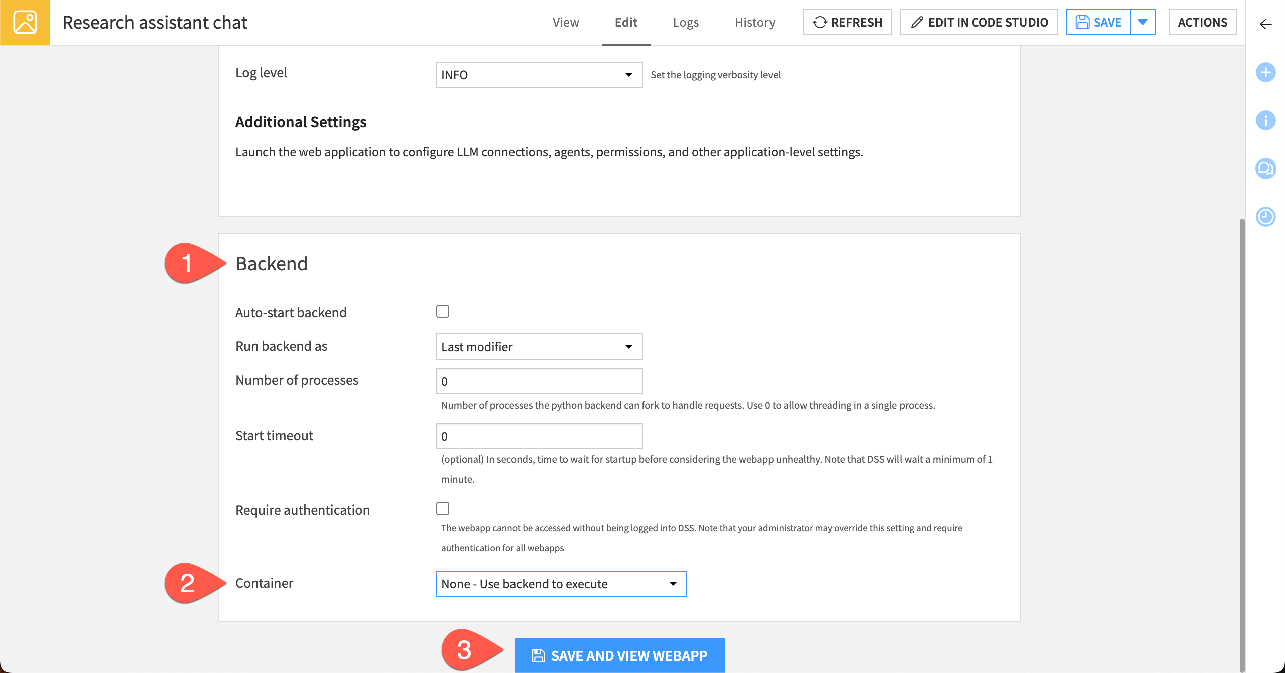Dataiku screenshot showing steps to set up the backend of Agent Chat.