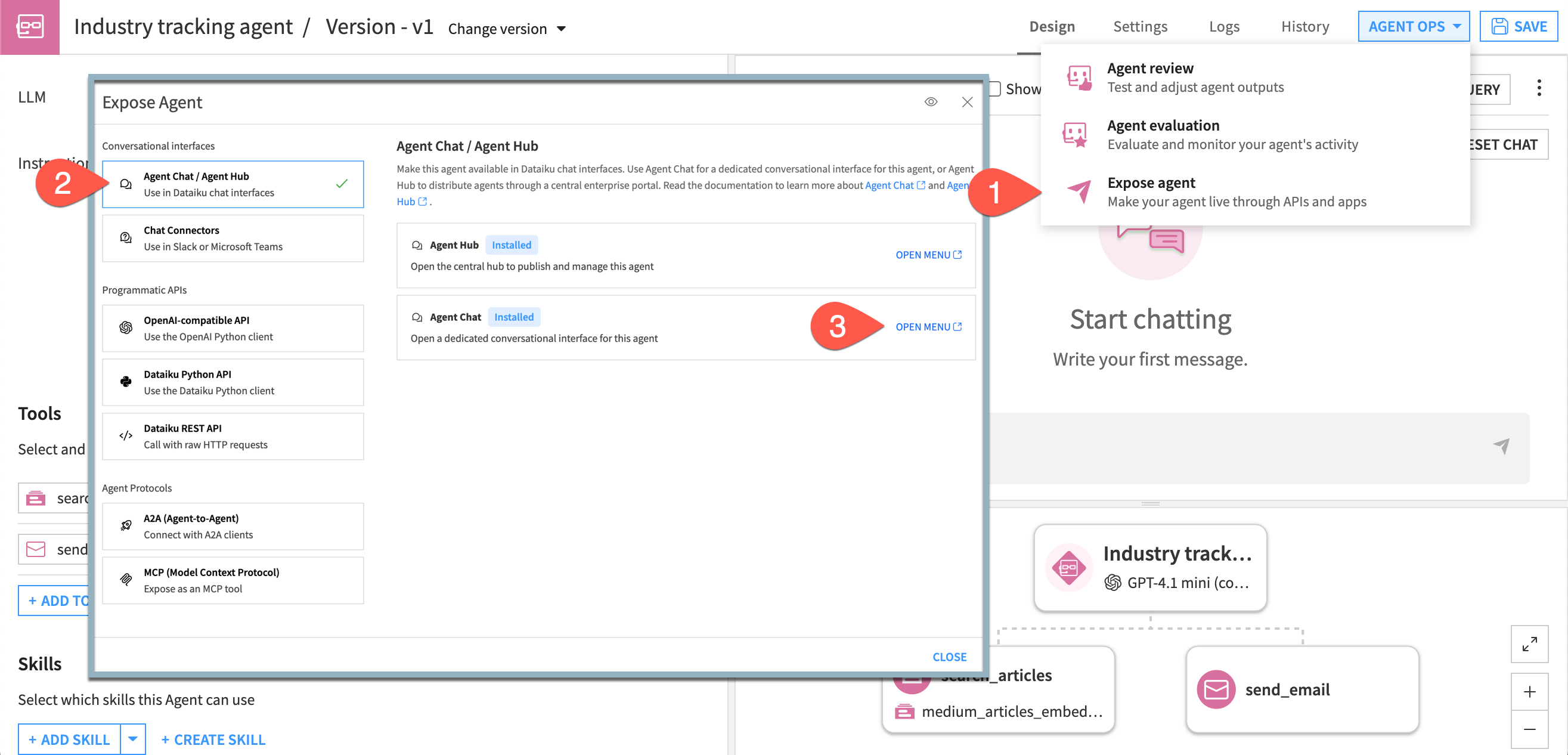 Dataiku screenshot showing steps to expose the agent.