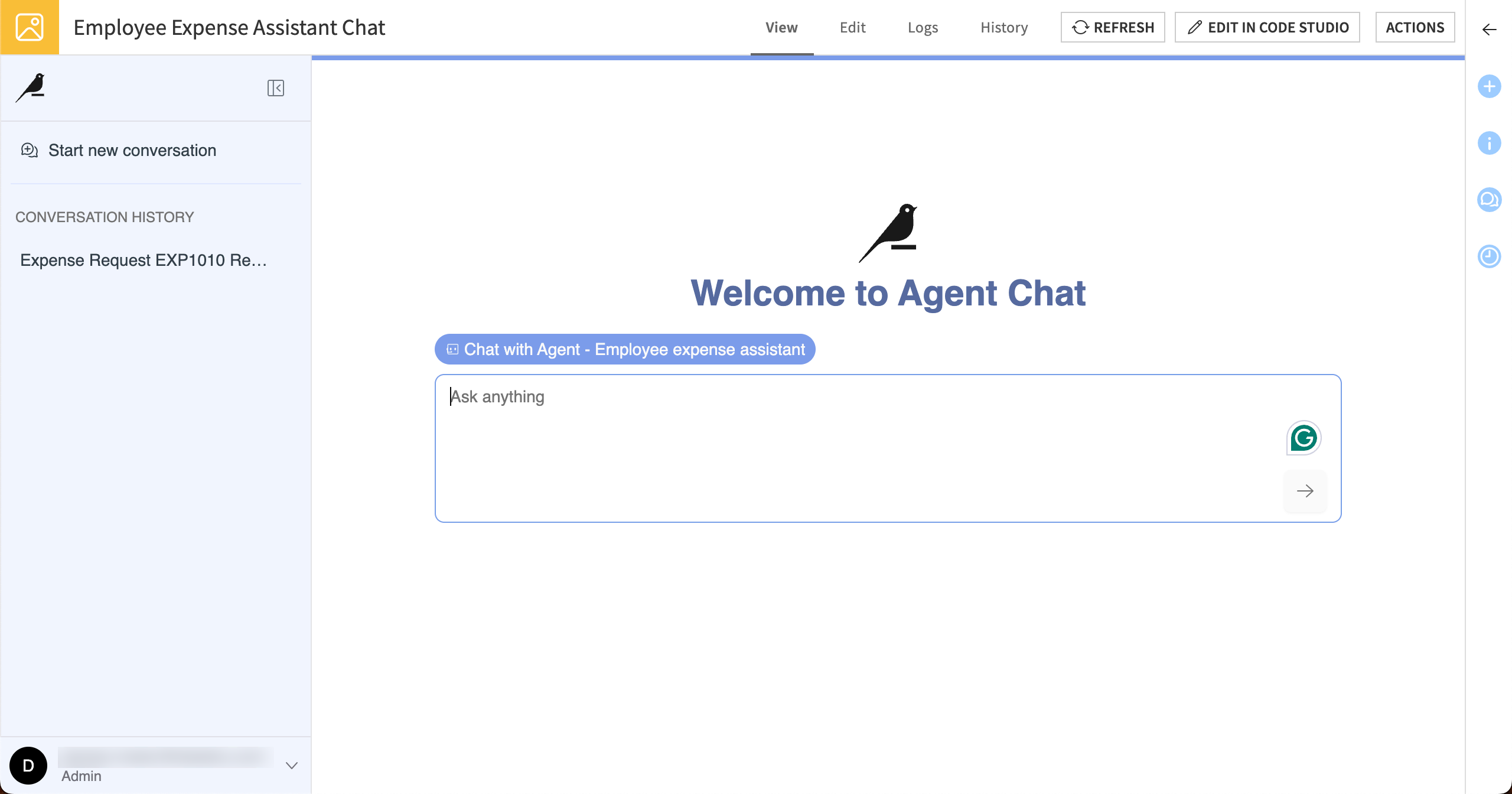 Dataiku screenshot showing the homepage of an Agent Chat webapp.