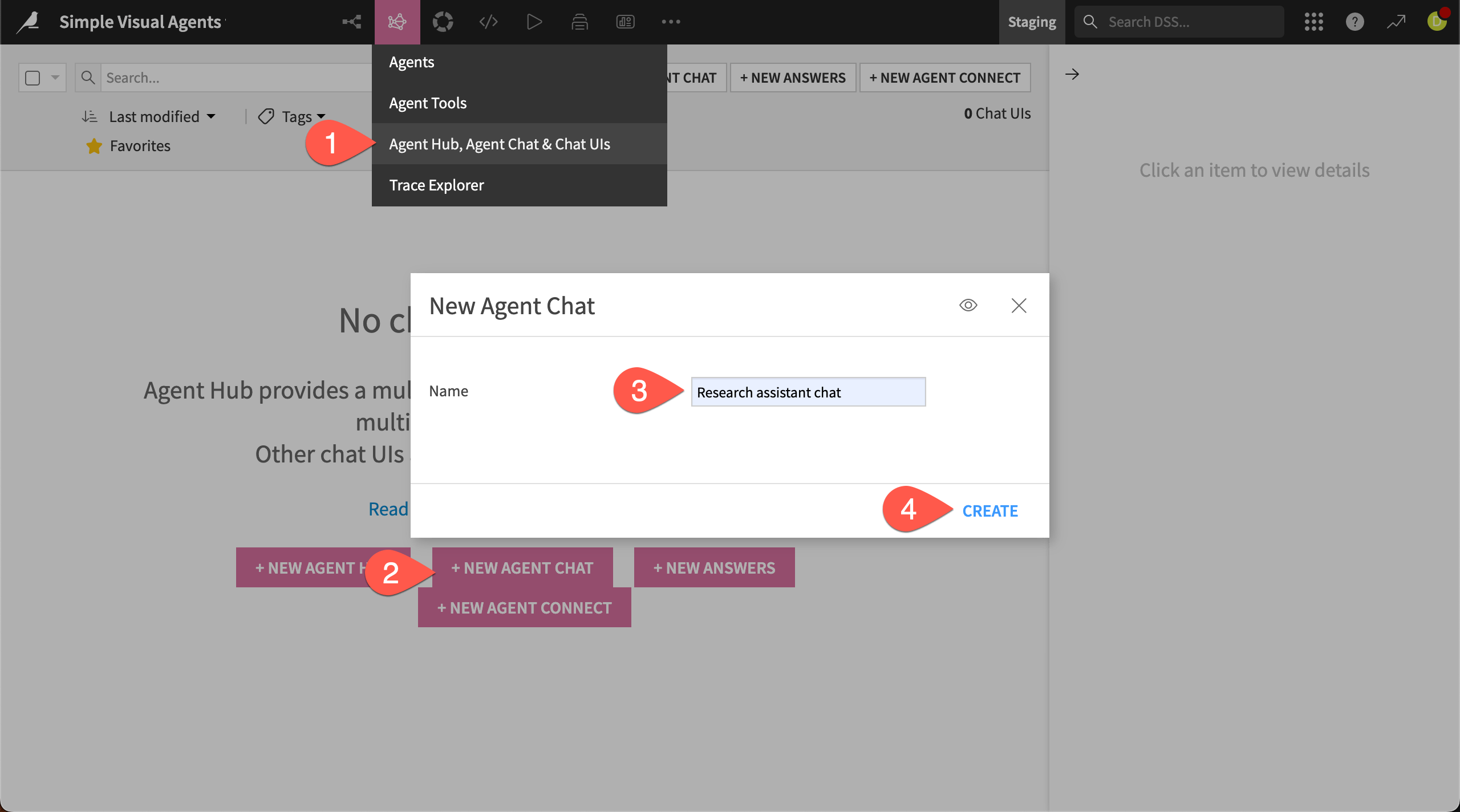 Dataiku screenshot showing steps to create a new Agent Chat webapp.