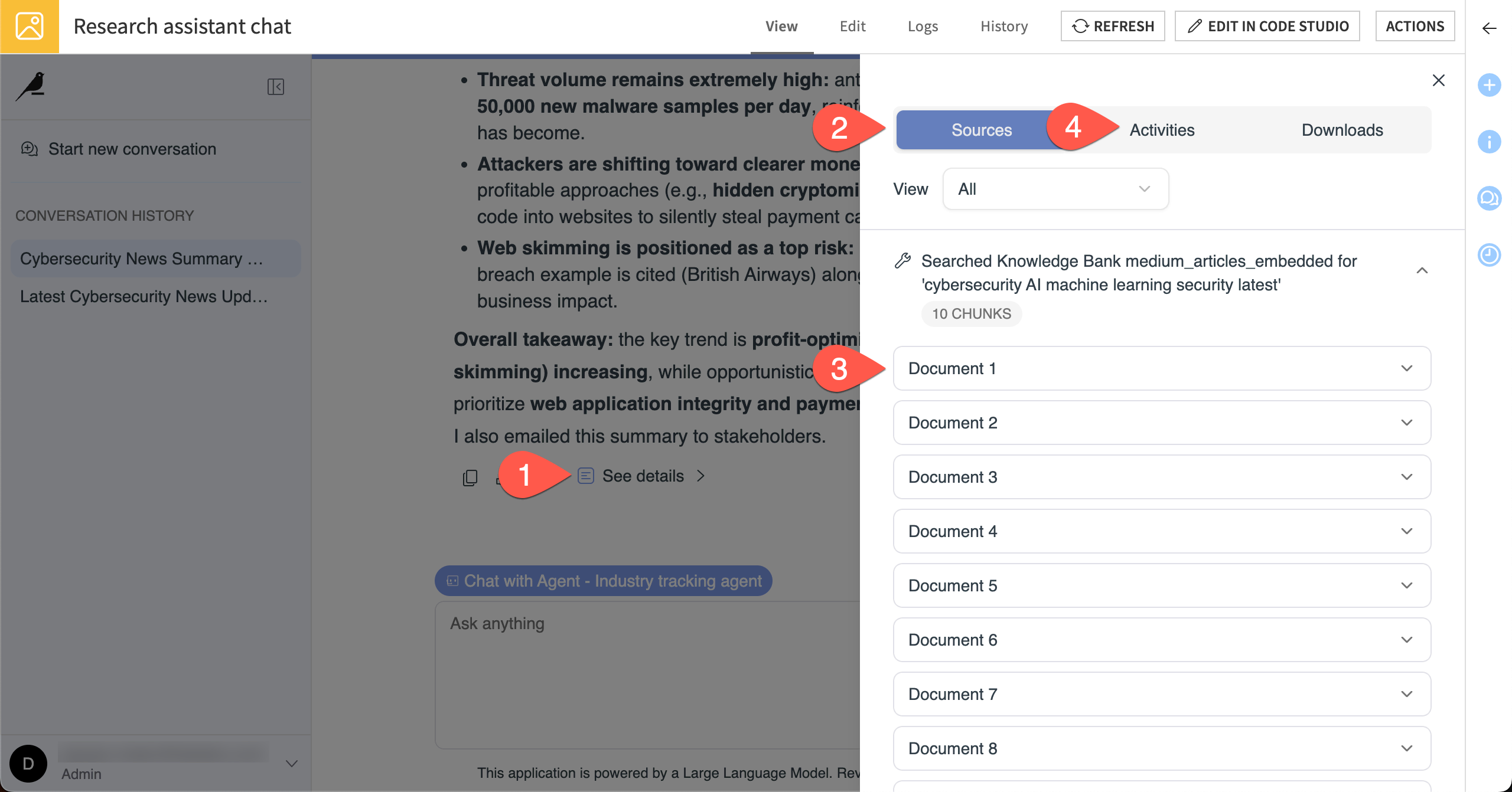 Dataiku screenshot showing how to view details of the agent response.