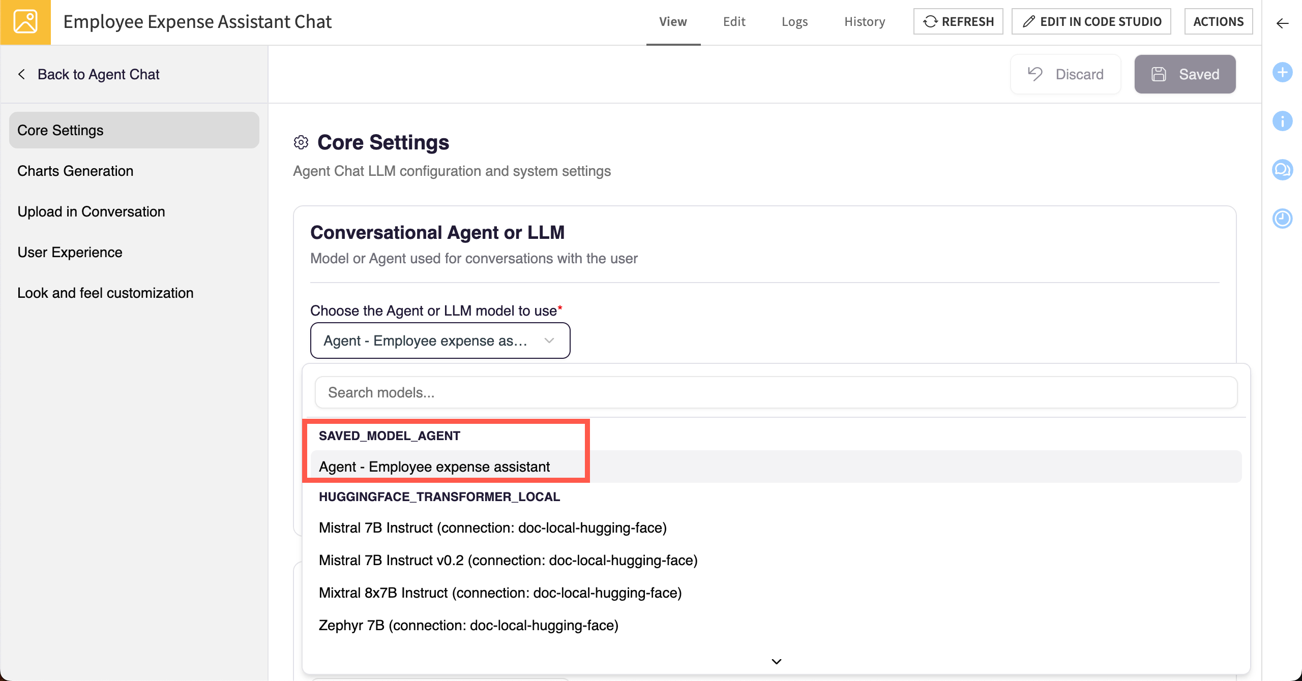 Dataiku screenshot showing how to select an agent to use in Agent Chat.