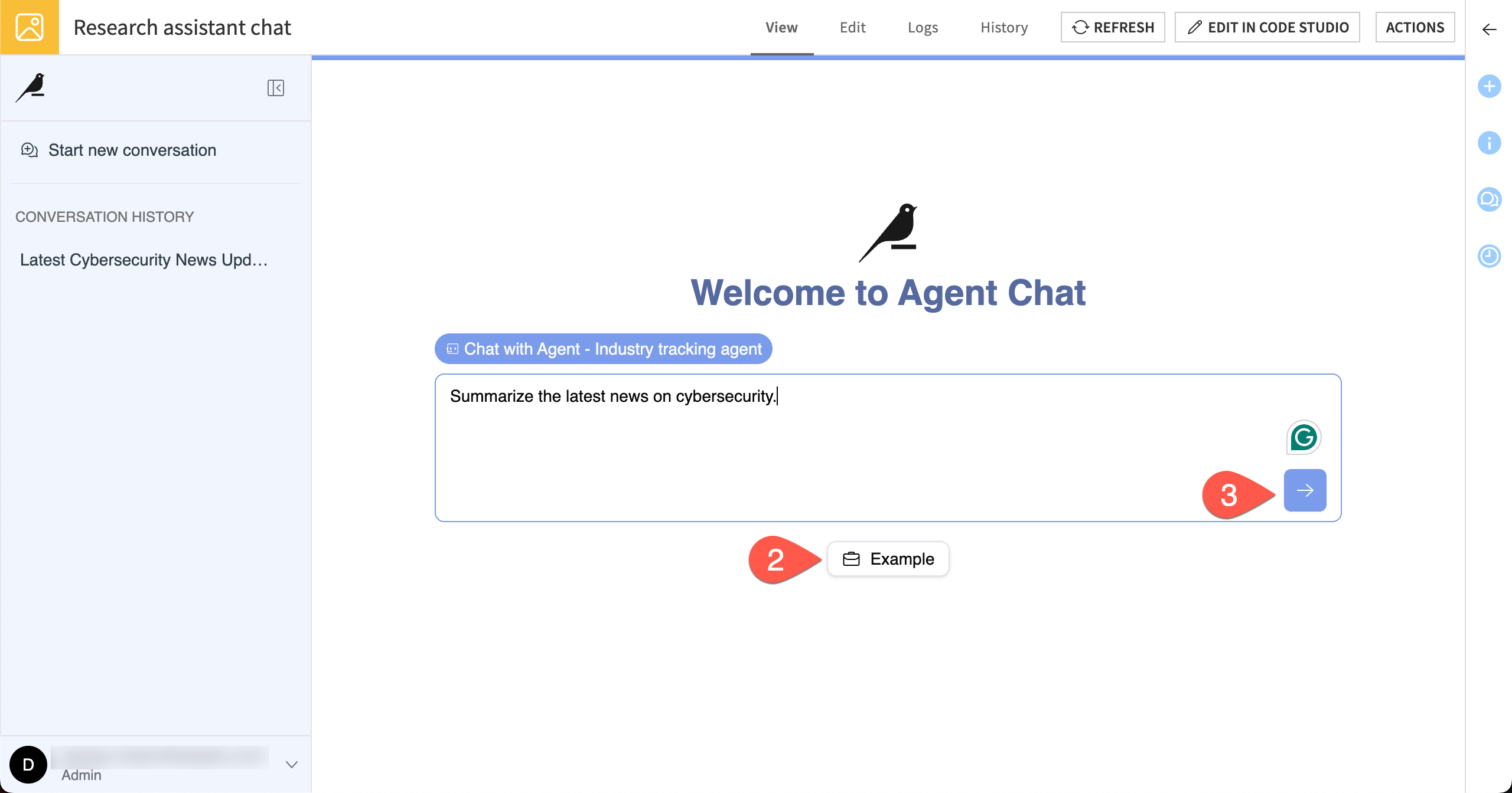 Dataiku screenshot showing steps to send an example in the chat.
